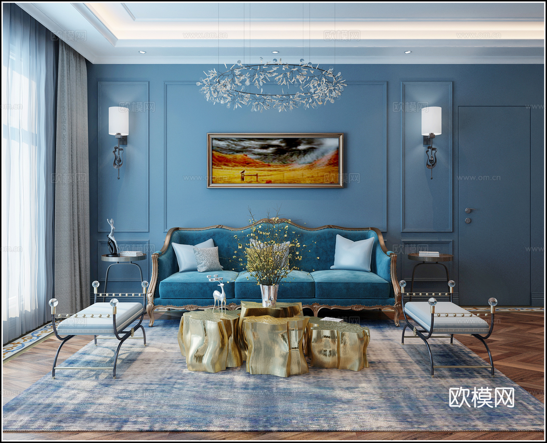 后现代客厅 餐厅 沙发茶几 壁炉 落地灯 餐桌 挂画 木3d模型