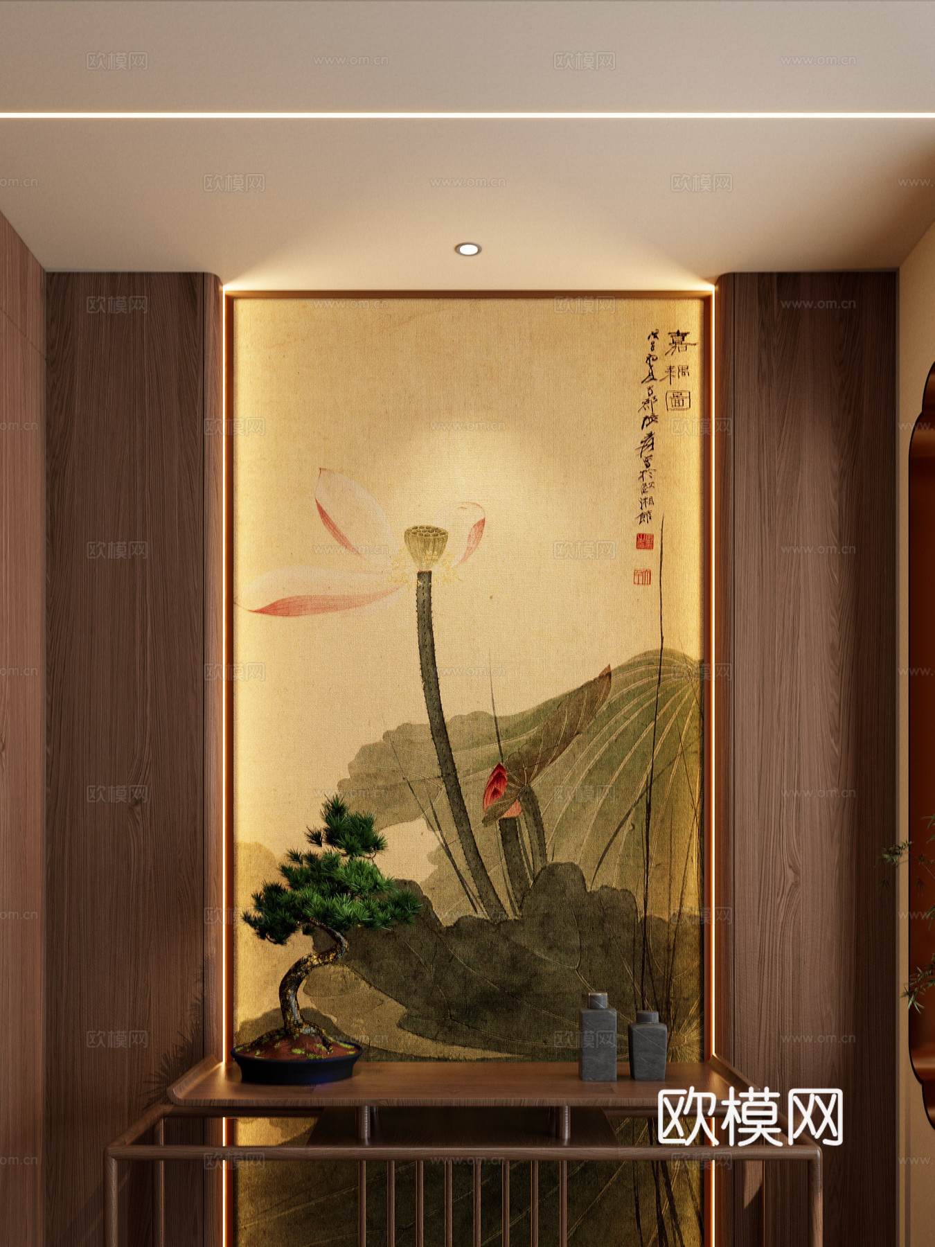 宋式 中古风 壁布 背光灯带 无主灯 如意隔断 透光 玄关3d模型