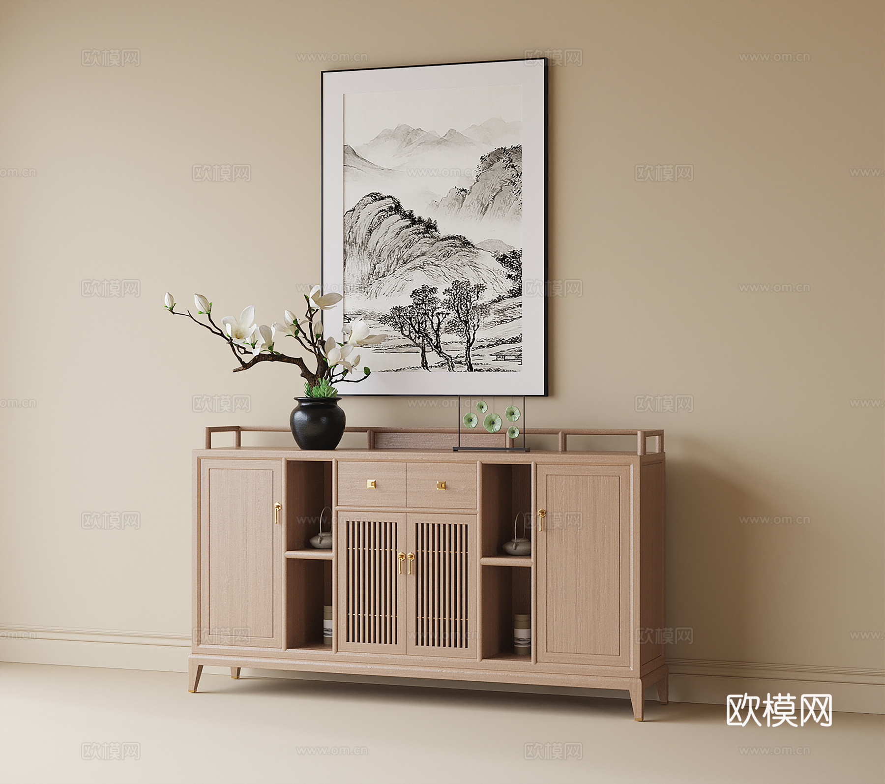 新中式边柜 茶柜 花瓶花艺 装饰柜su模型