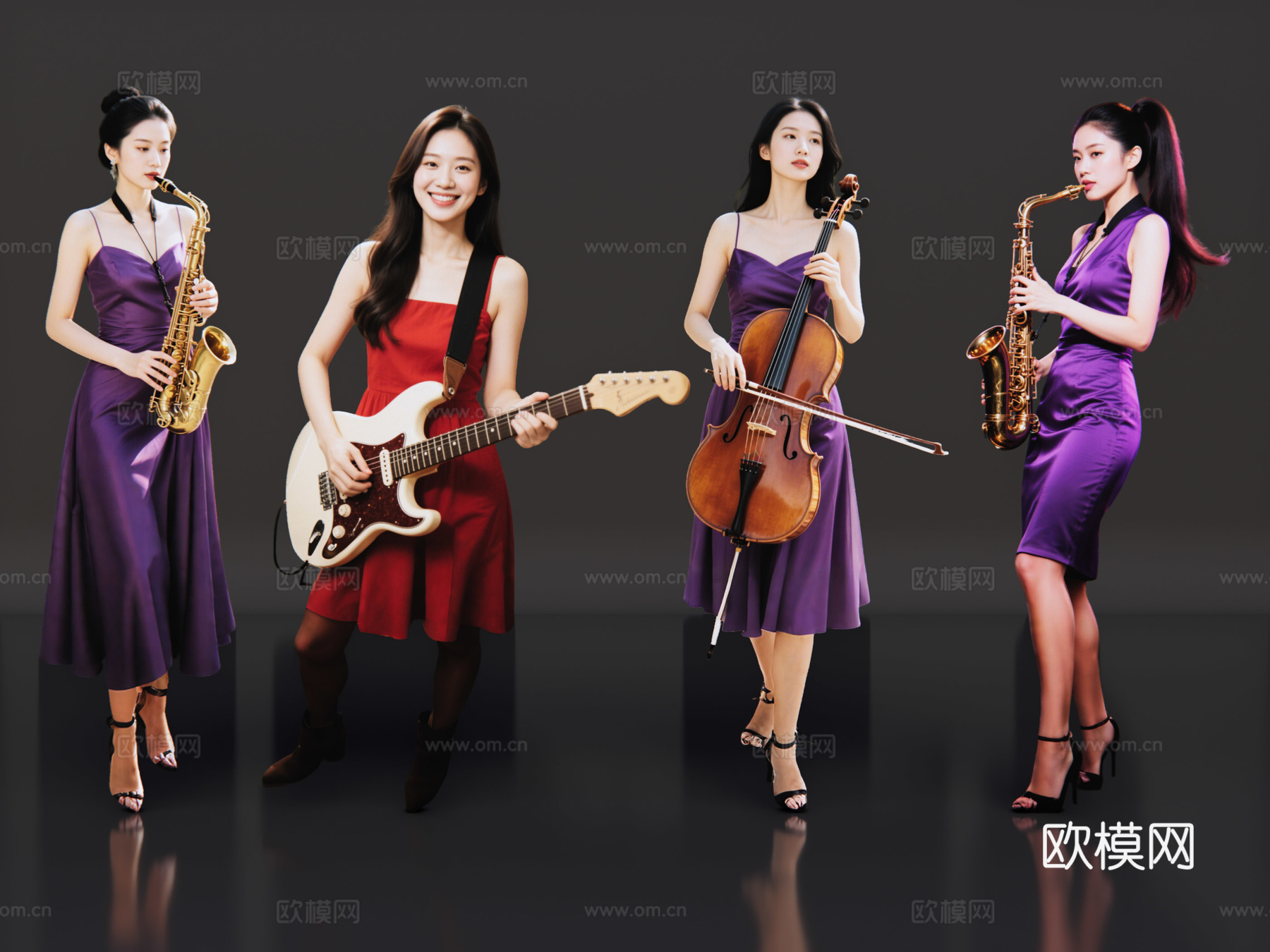 2D现代人物 乐队成员 吉他手 小提琴手 萨克斯手su模型下载（渲染图1）