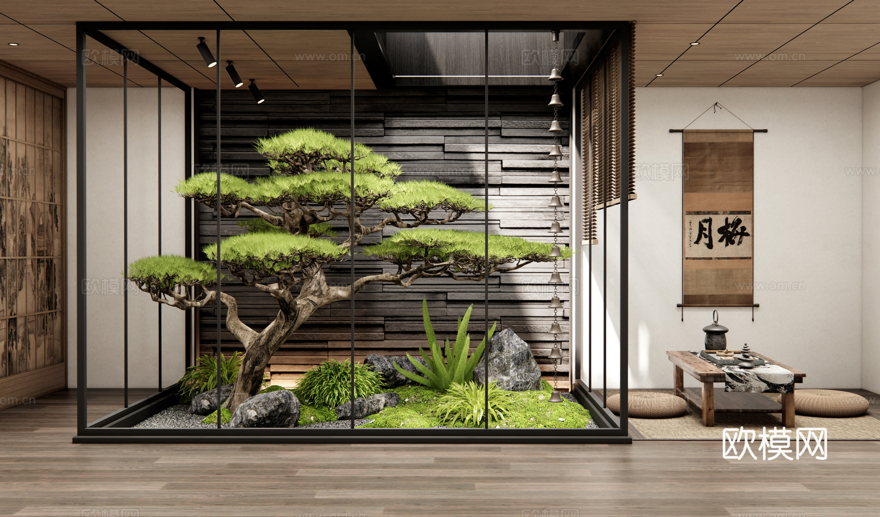新中式室内景观 庭院小品 植物造景 茶室 茶台 苔藓石头3d模型