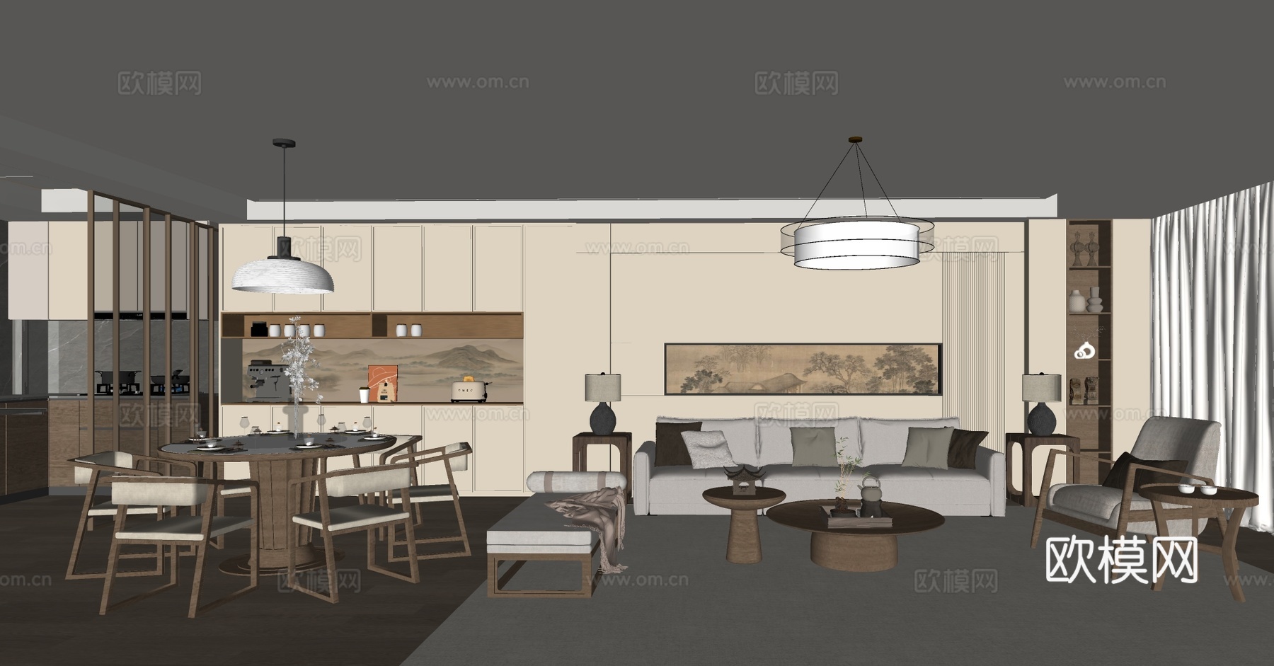 新中式禅意客餐厅 宋式美学客餐厅 沙发茶几组合 中式客餐厅su模型