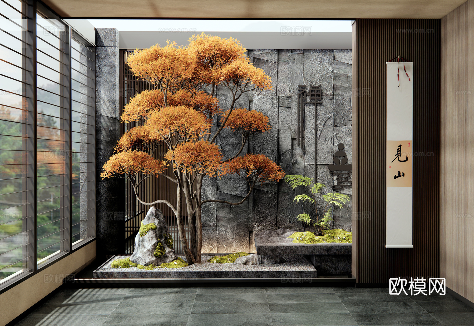 新中式室内景观 植物造景 天井景观 苔藓石头 景观树3d模型