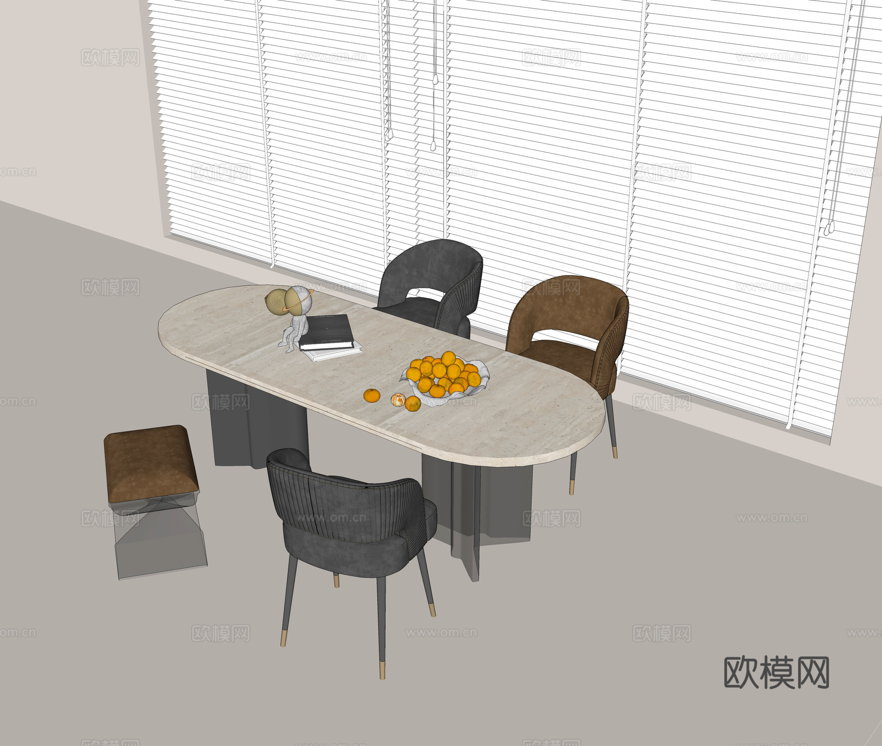 大理石餐桌 皮质餐椅  皮质矮凳 亚克力桌椅脚 水果果盘 饰su模型