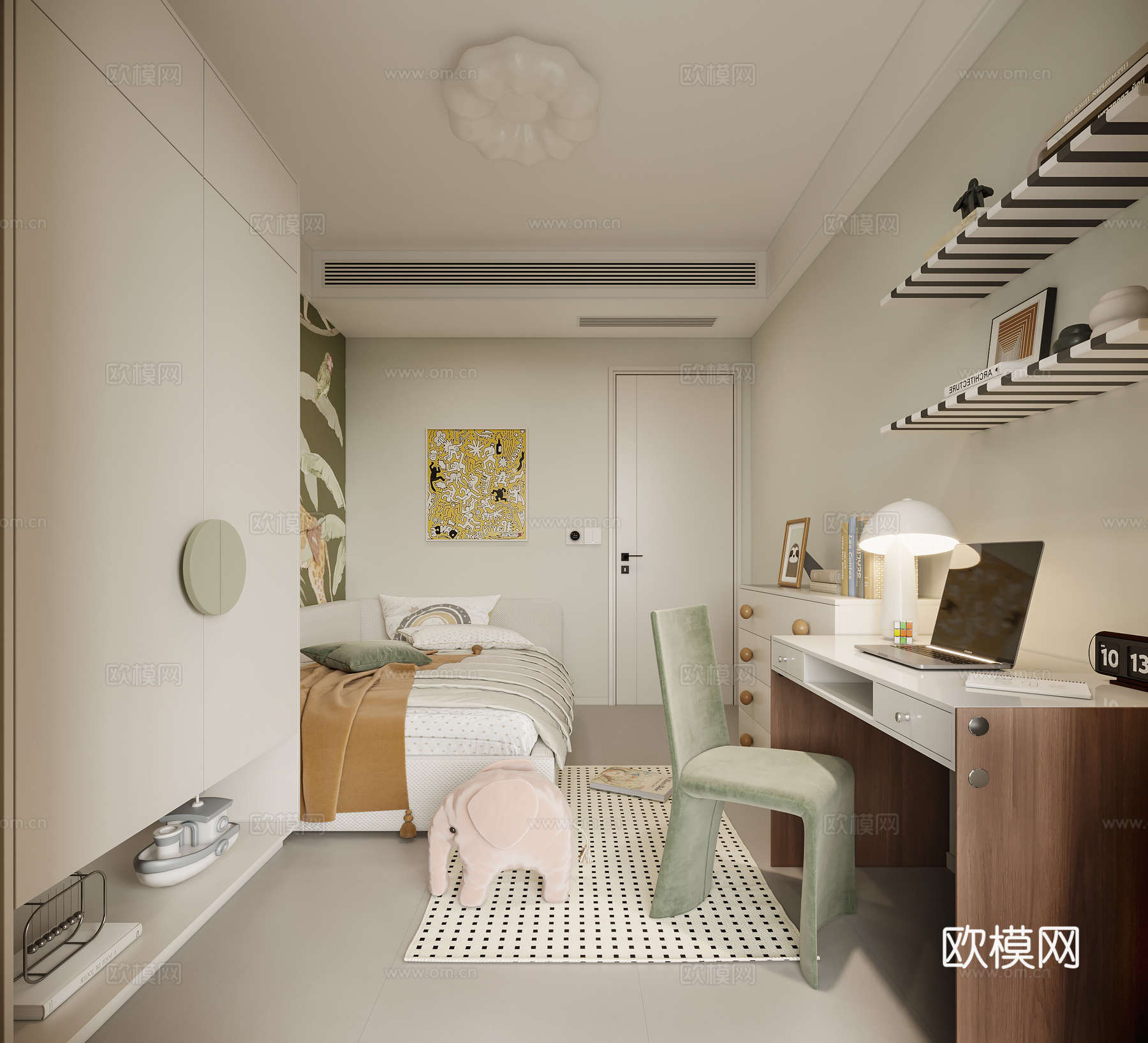 现代儿童房卧室 书桌椅 书柜 衣柜 挂画 地毯3d模型