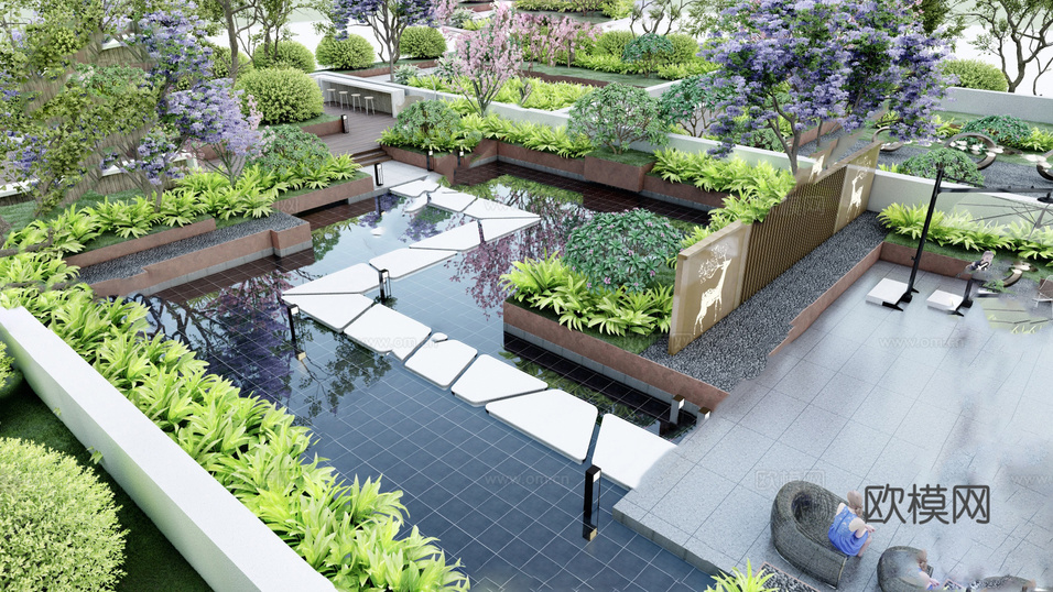 现代屋顶花园 庭院花园 空中花园 菜园 别墅庭院花园su模型下载(渲染图1)