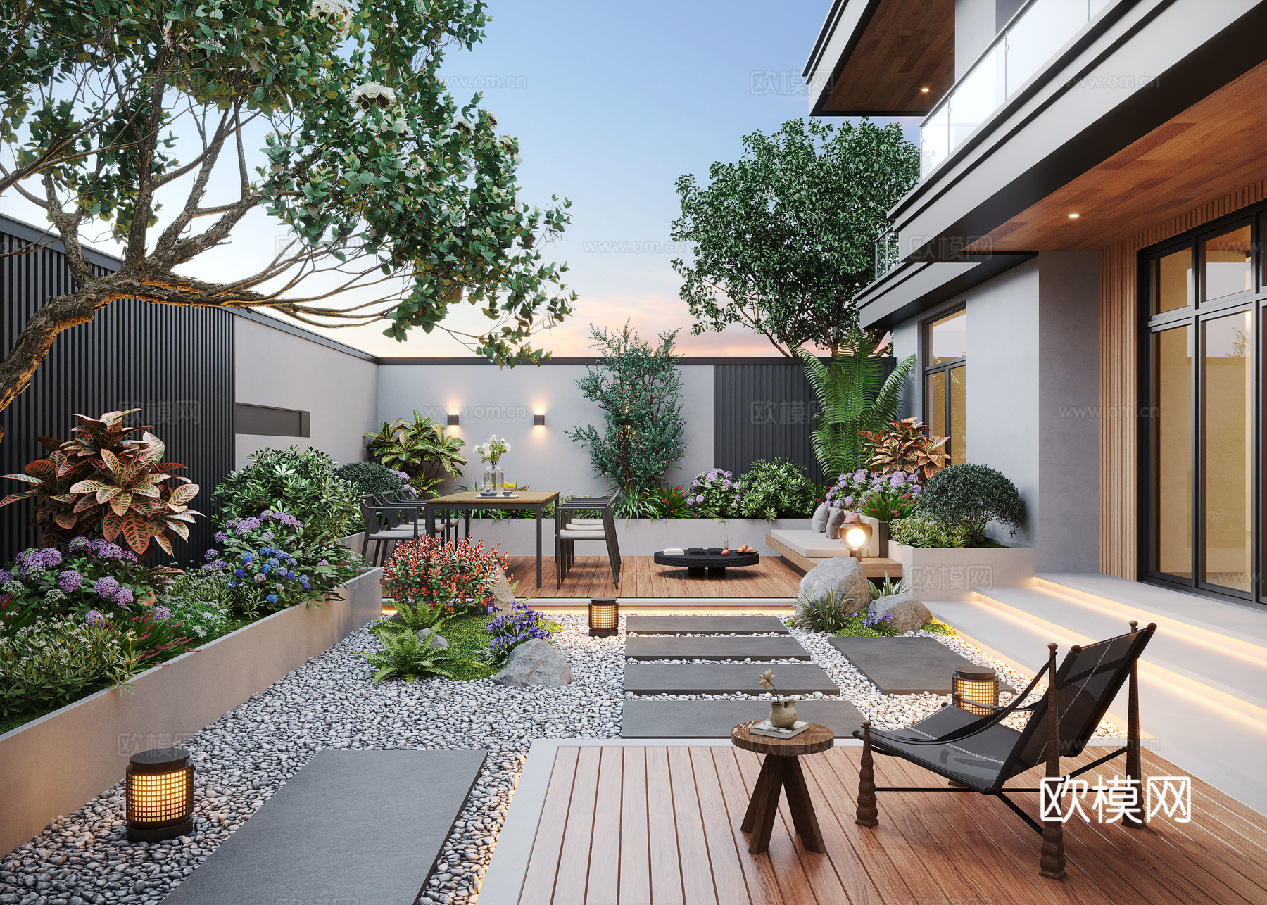现代庭院景观 庭院花园 庭院小品 户外休闲椅 户外餐桌su模型