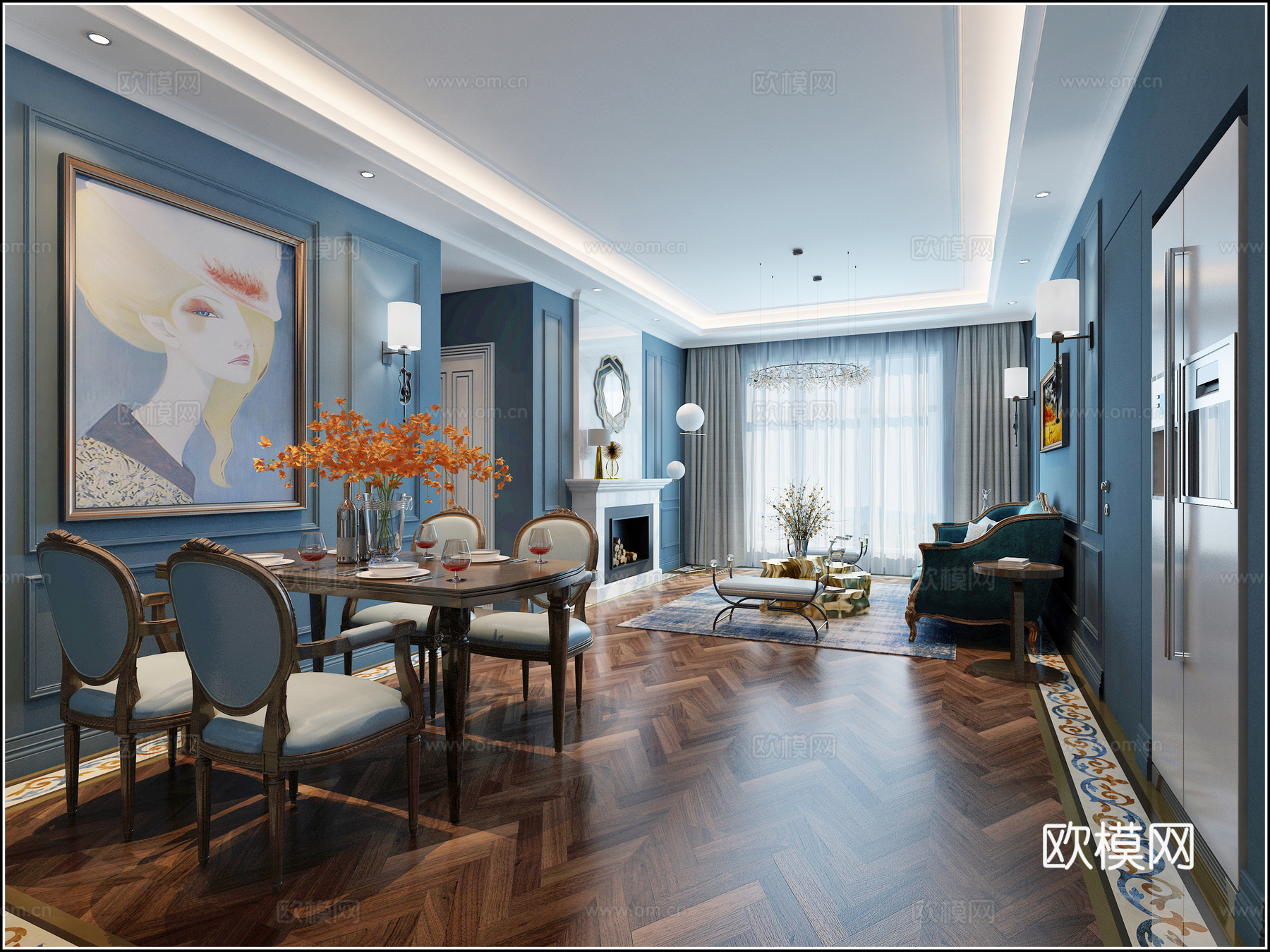 后现代客厅 餐厅 沙发茶几 壁炉 落地灯 餐桌 挂画 木3d模型