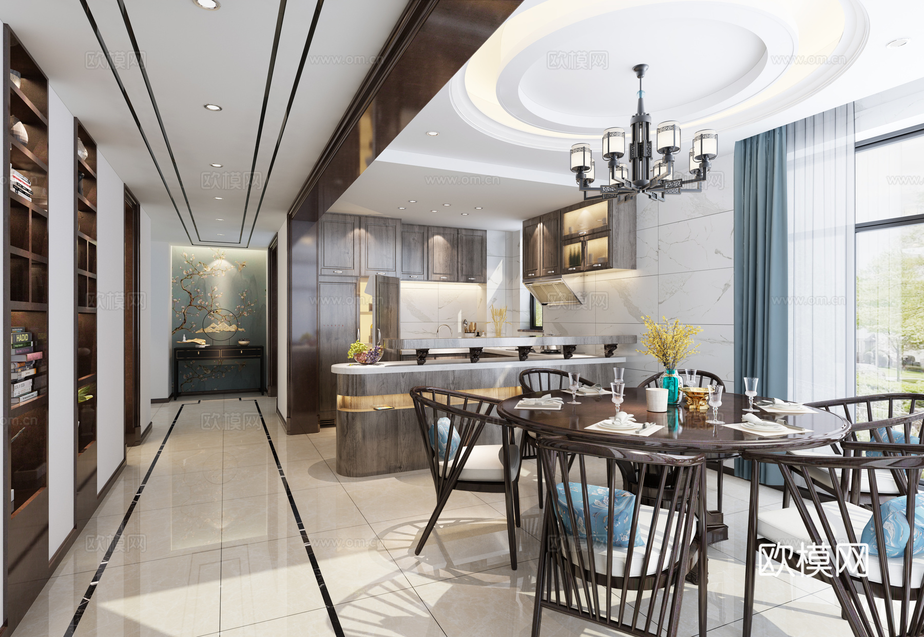新中式时尚高端别墅客餐厅 沙发茶几 餐桌椅 客厅 吊灯3d模型