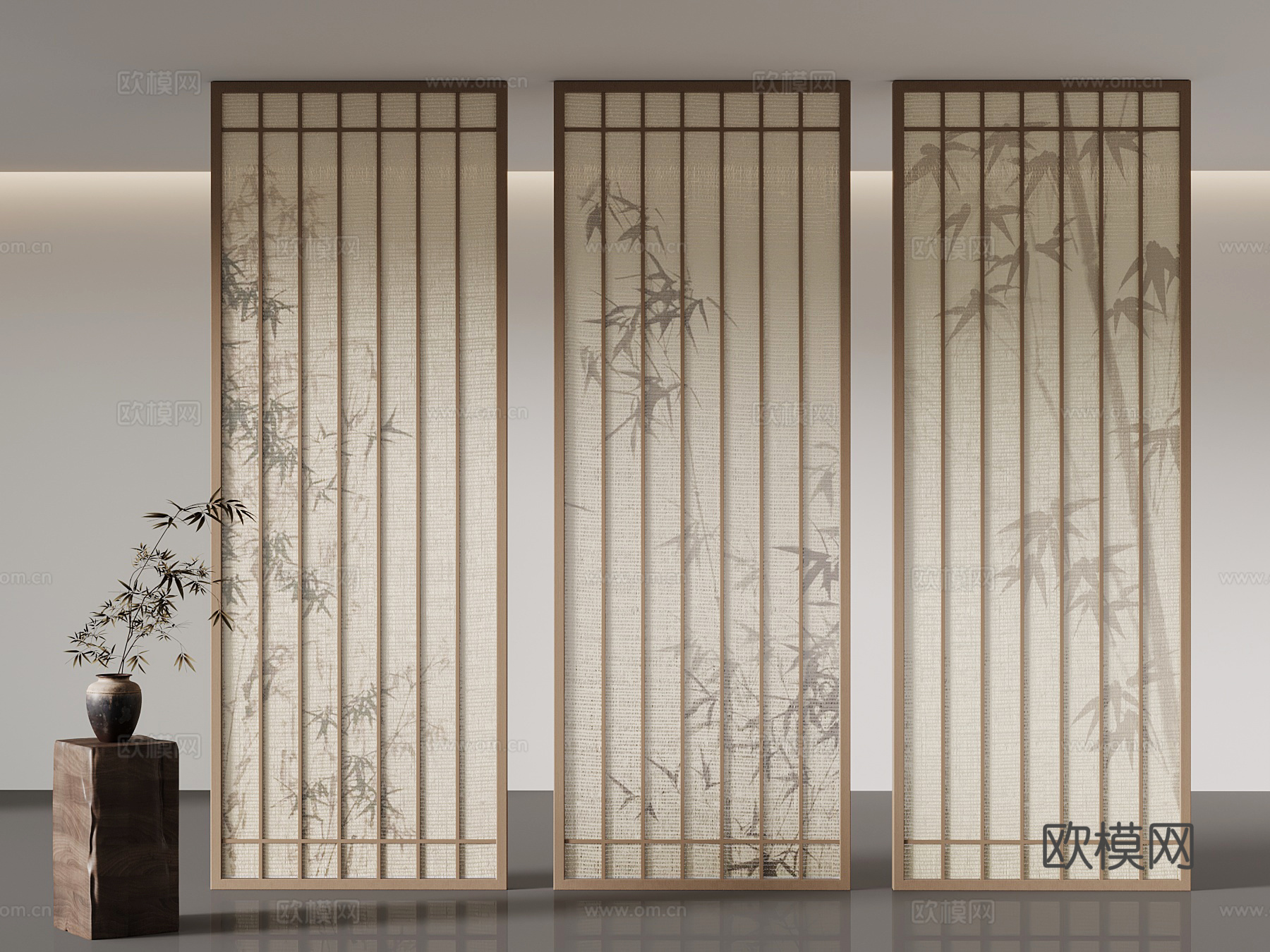 新中式屏风 隔断 墨竹3d模型下载