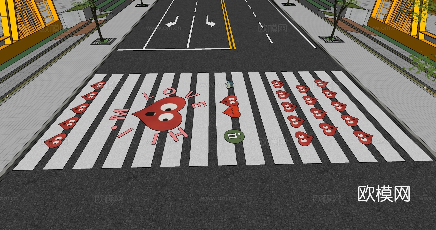 现代创意爱情艺术斑马线商业街道路地面彩绘涂鸦划线趣味铺装标线su模型