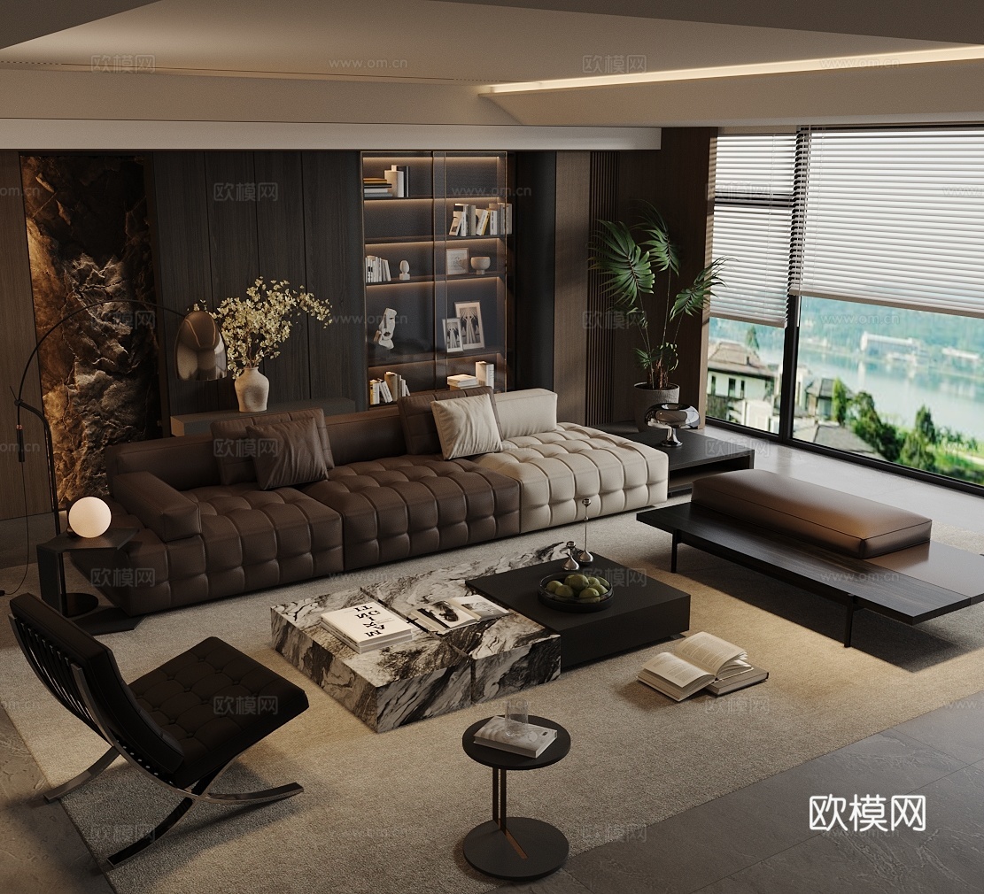 现代意式家居客厅 轻奢意式客厅 沙发茶几组合 高级灰客厅3d模型