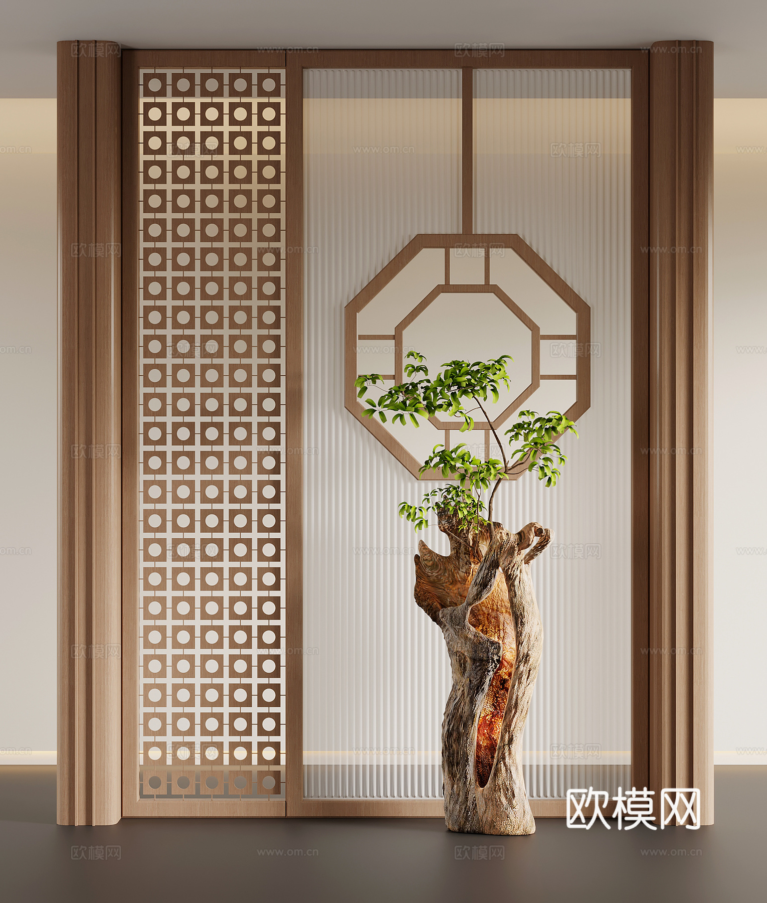 玄关 新中式玄关隔断 玄关背景墙 枯木绿植雕塑su模型