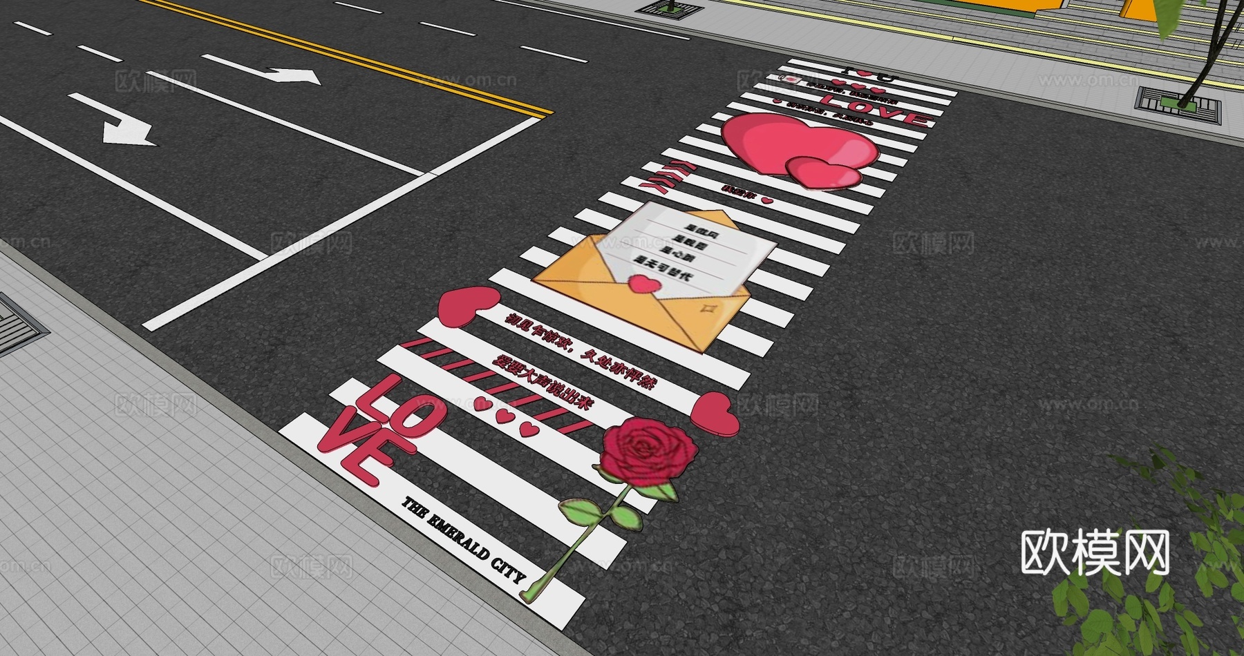 现代创意爱情艺术斑马线商业街道路地面彩绘涂鸦划线趣味铺装标线su模型