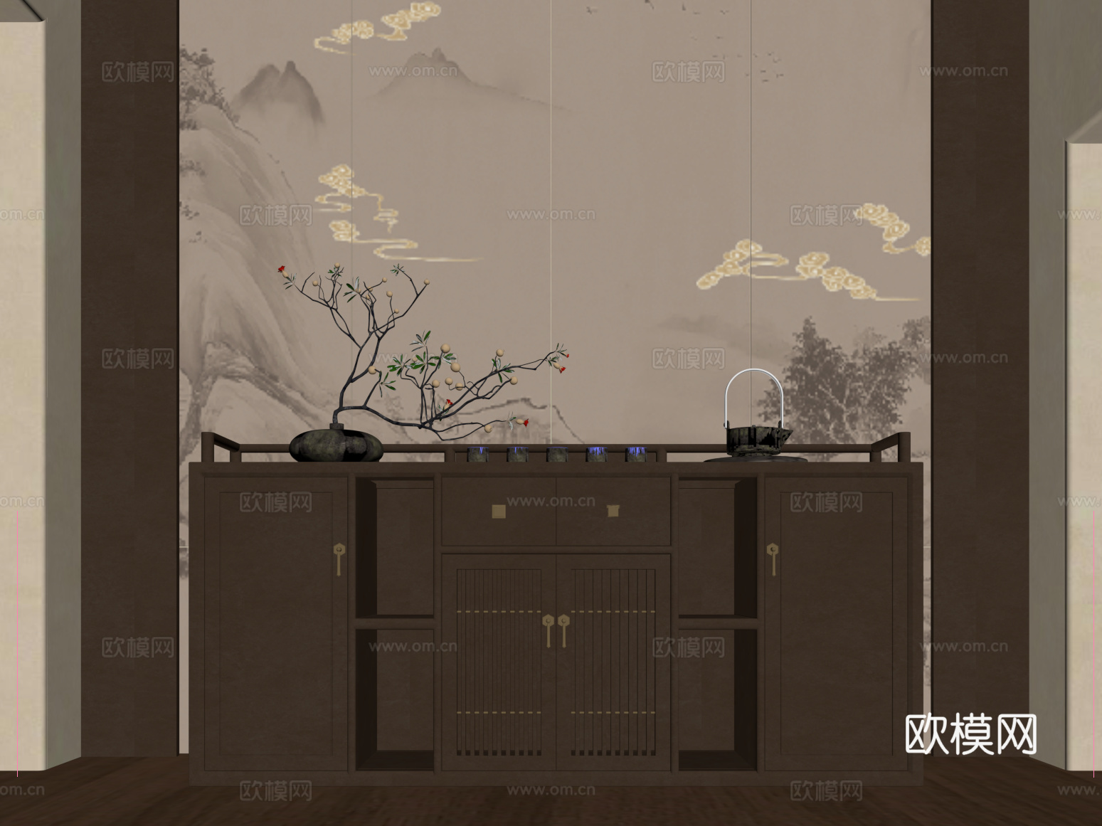 玄关柜 新中式玄关柜su模型