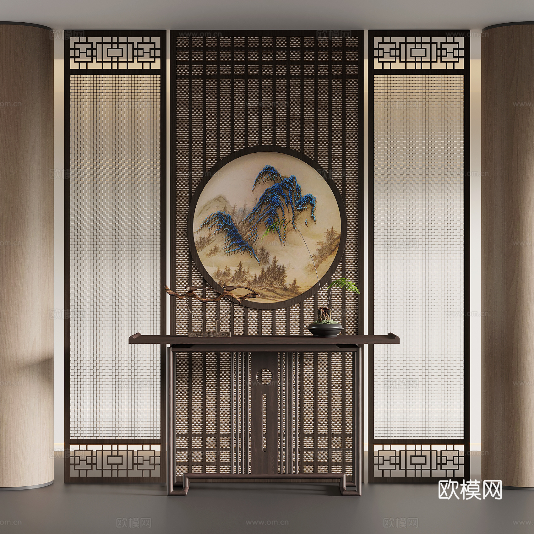 玄关 新中式玄关隔断 玄关背景墙 端景柜 玄关柜su模型