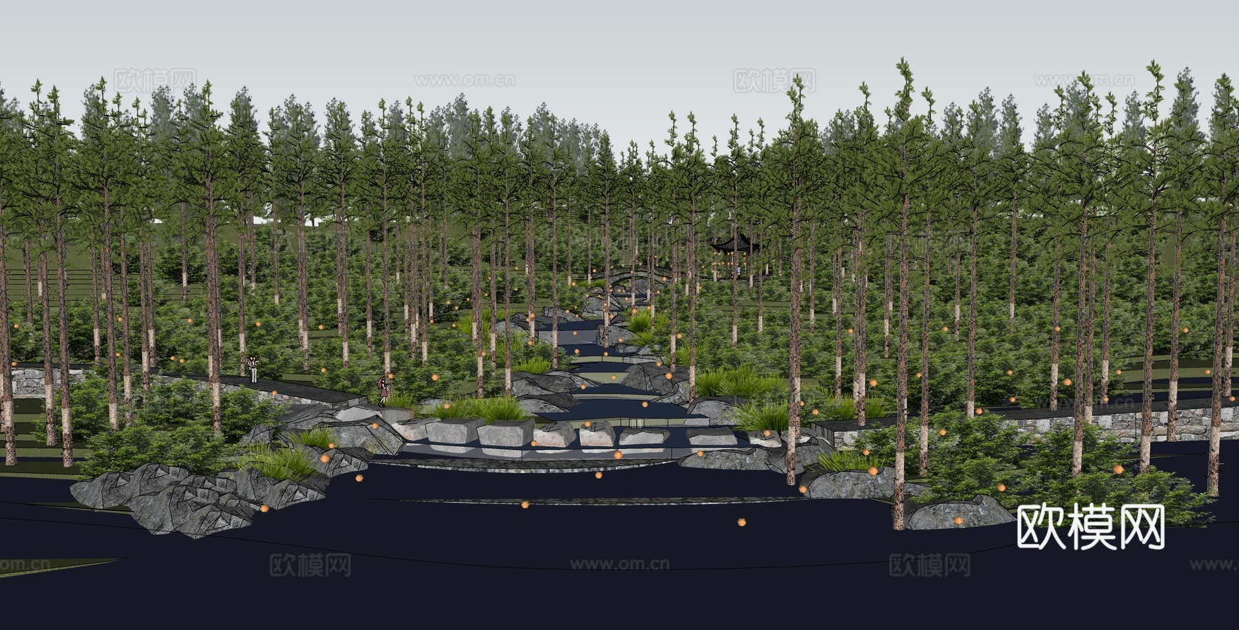 现代景观公园 地森林公园 谷溪流叠水su模型