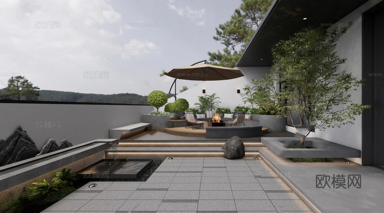 现代屋顶花园 户外沙发 花台 景观树su模型