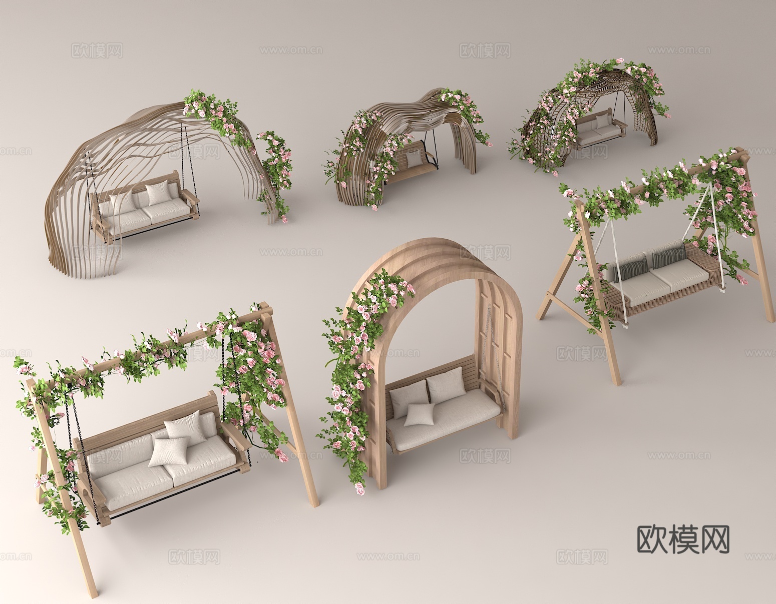 户外休闲秋千 木质秋千座椅 浪漫户外摆件 自然风家具3d模型