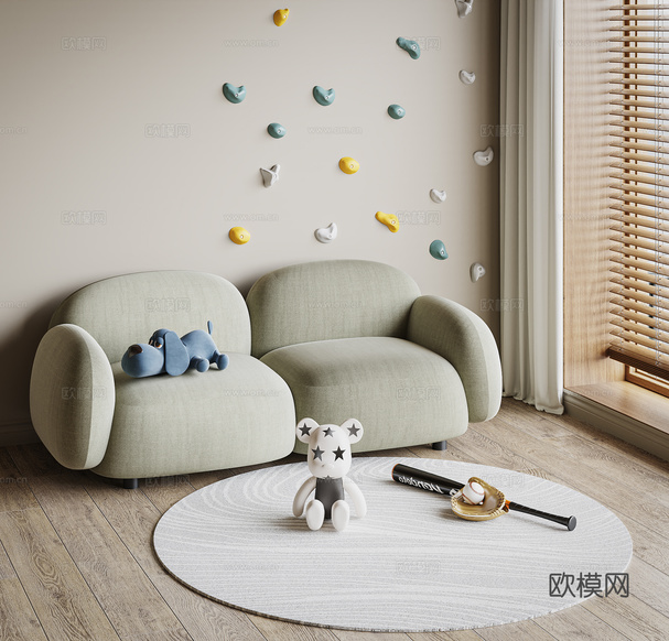现代双人沙发 布艺沙发 儿童沙发 儿童公仔3d模型下载