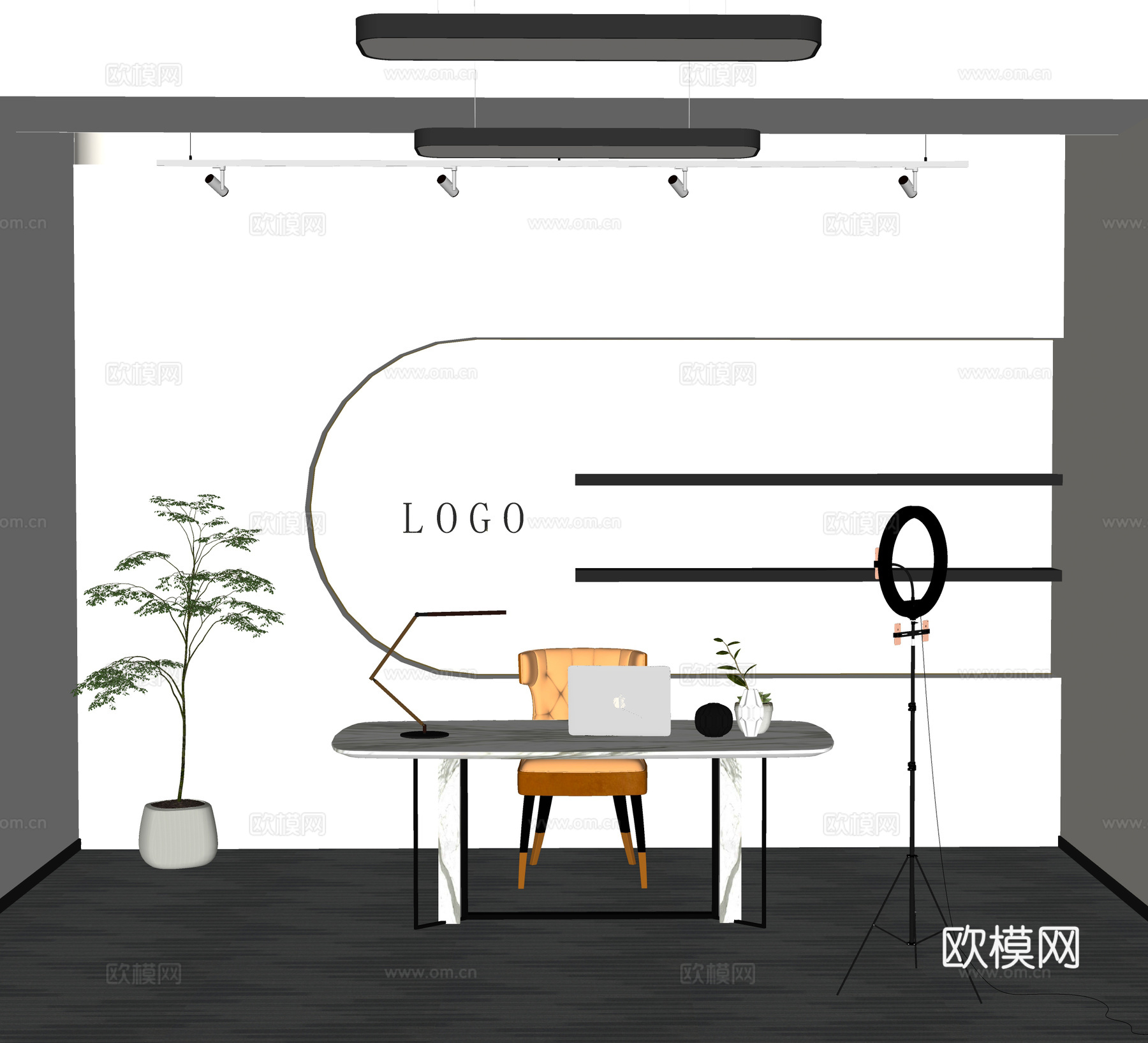 直播间电商 带货直播器材 摄像机补光灯话筒 手机支架 办公桌su模型