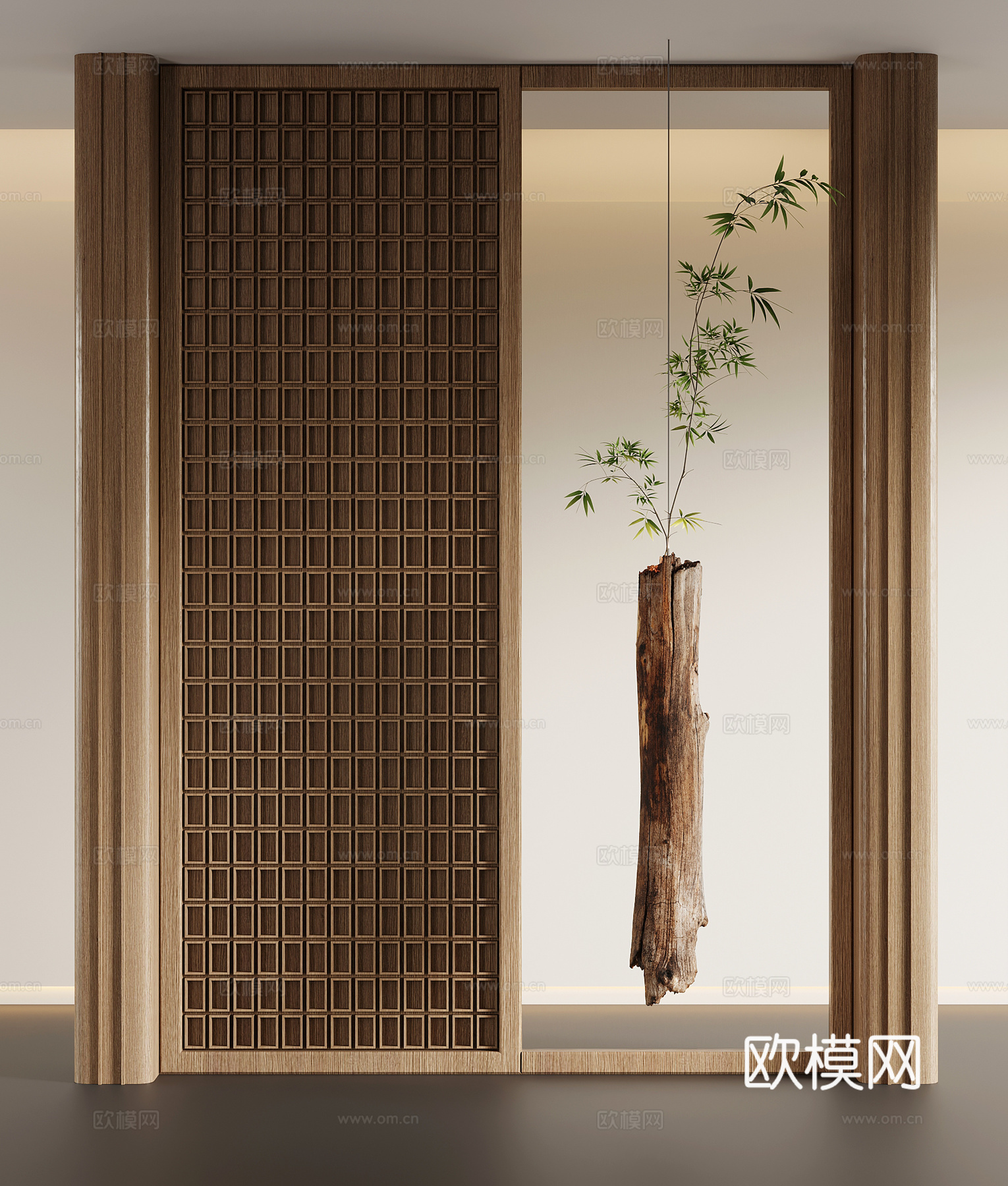 玄关 新中式玄关隔断 玄关背景墙 枯木绿植雕塑su模型