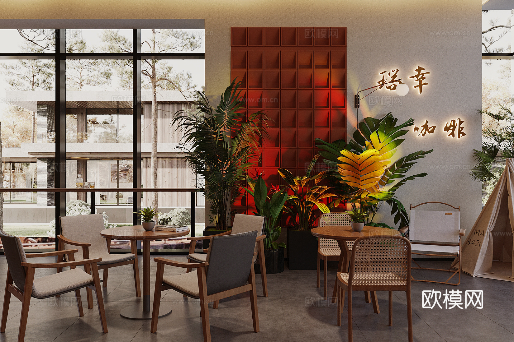 原木风咖啡厅 咖啡店景观小品 咖啡店餐桌椅 咖啡店休闲椅su模型