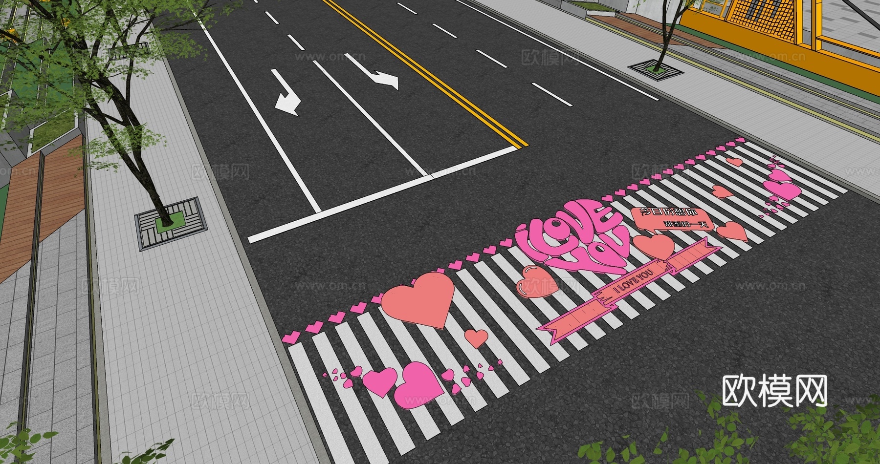现代创意爱情艺术斑马线商业街道路地面彩绘涂鸦划线趣味铺装标线su模型