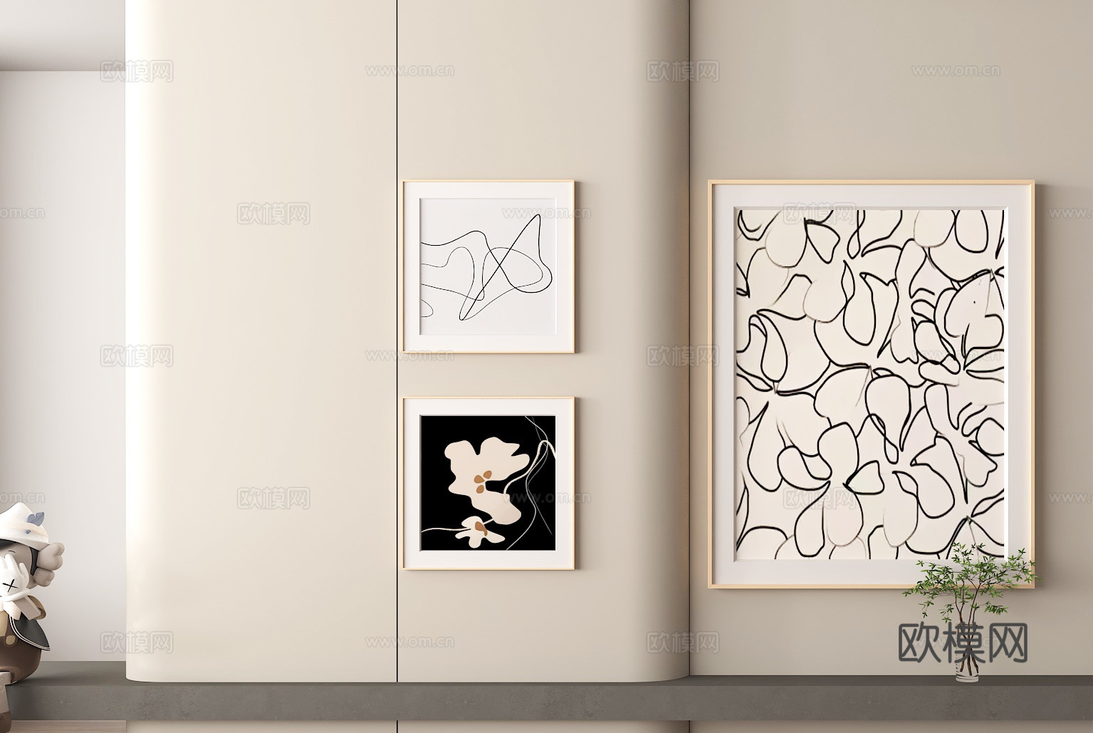 墙面装饰简约装饰画 黑白线条画 现代艺术挂画 抽象花卉画su模型下载（渲染图1）