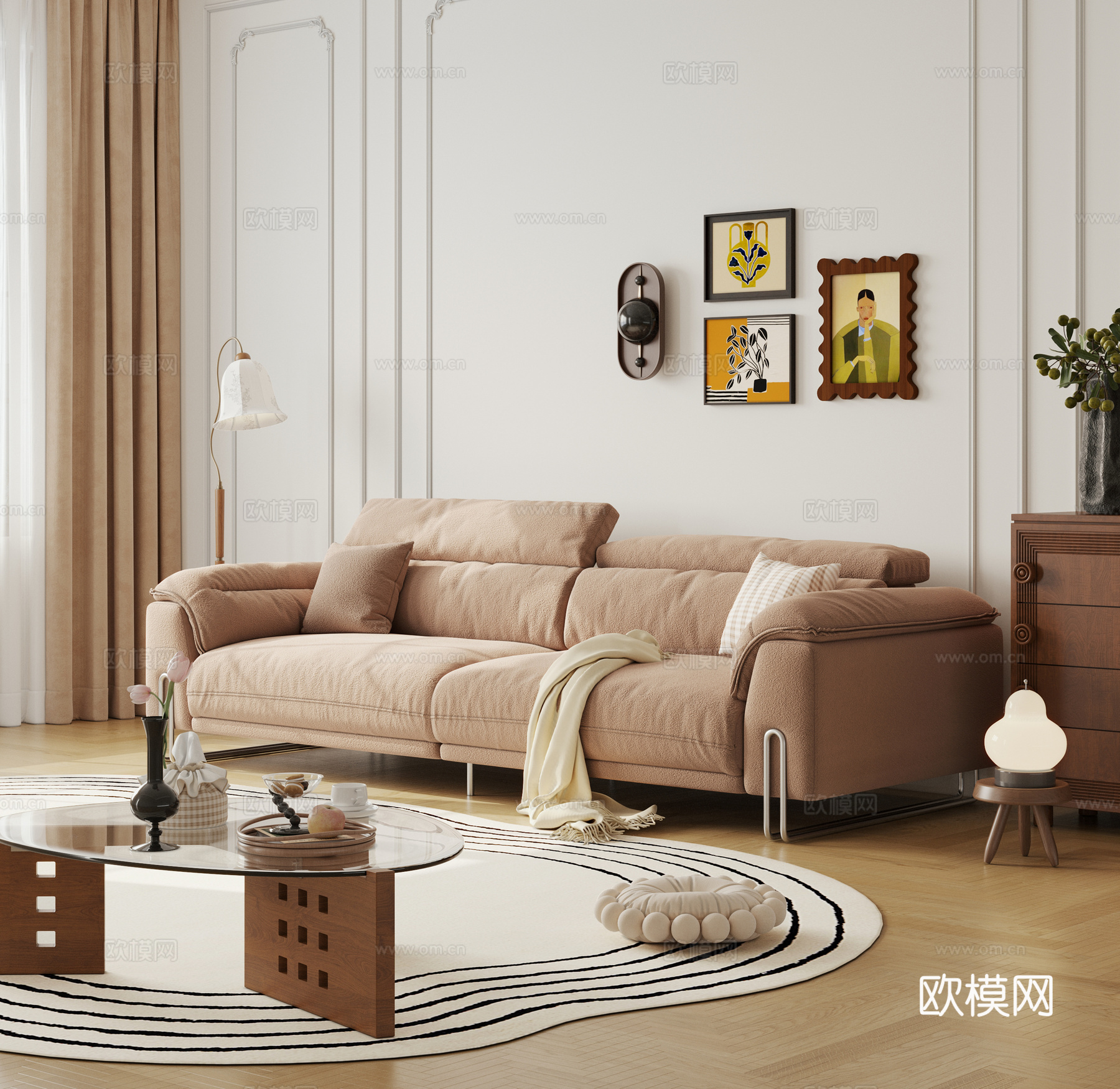 现代中古三人沙发 直排沙发 minotti沙发 休闲沙发 云3d模型