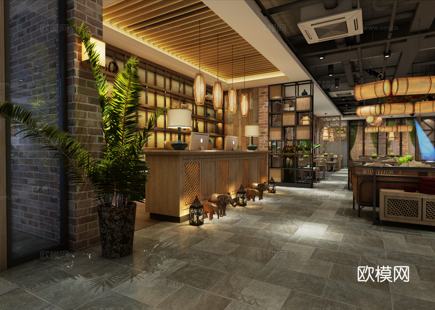 中式餐厅 饭店 餐桌 餐椅 吊灯3d模型