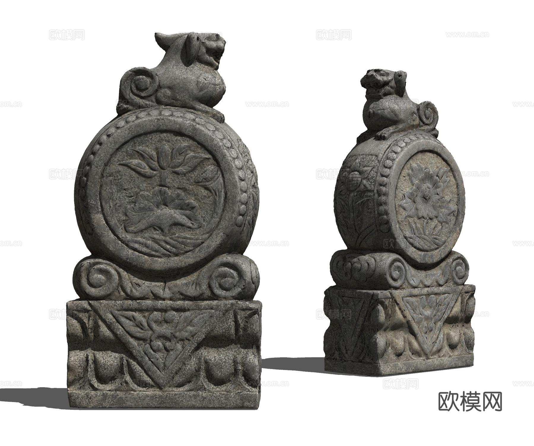 中式仿古构件 抱鼓石 石鼓门墩 抱鼓门仿石 石墩su模型