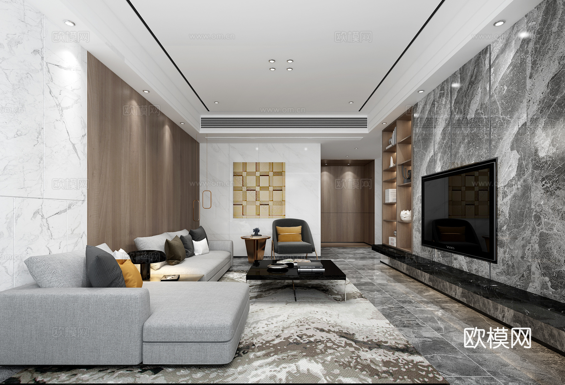 现代客厅 沙发茶几组合 电视背景 装饰挂画3d模型