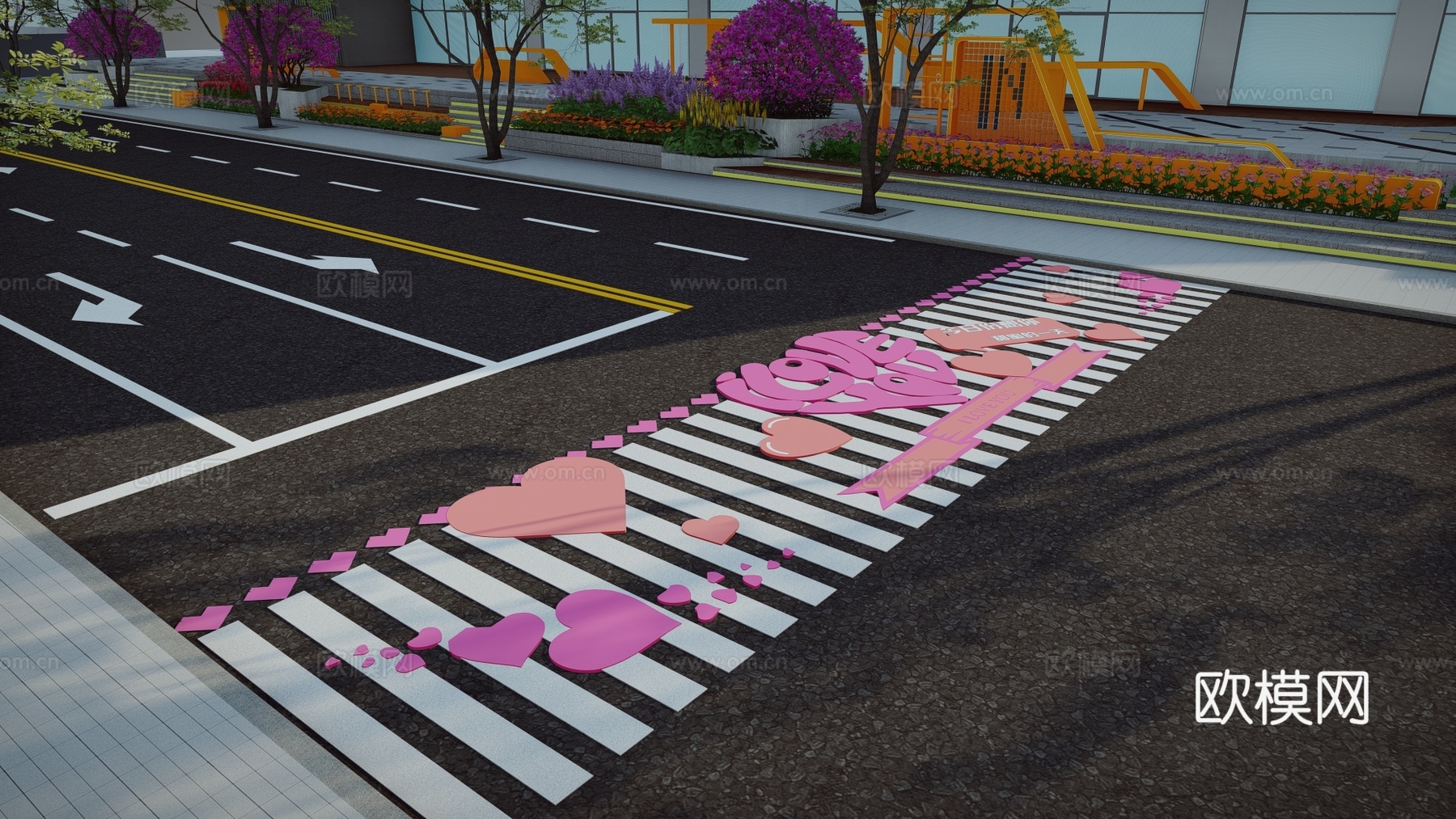 现代创意爱情艺术斑马线商业街道路地面彩绘涂鸦划线趣味铺装标线su模型
