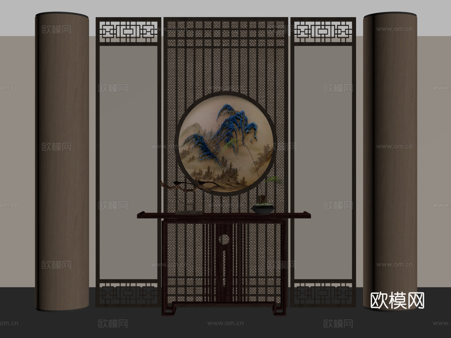 玄关 新中式玄关隔断 玄关背景墙 端景柜 玄关柜su模型
