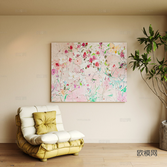 现代奶油挂画 现代装饰画挂画 意式装饰画 油画 艺术挂画 奶su模型下载(渲染图1)