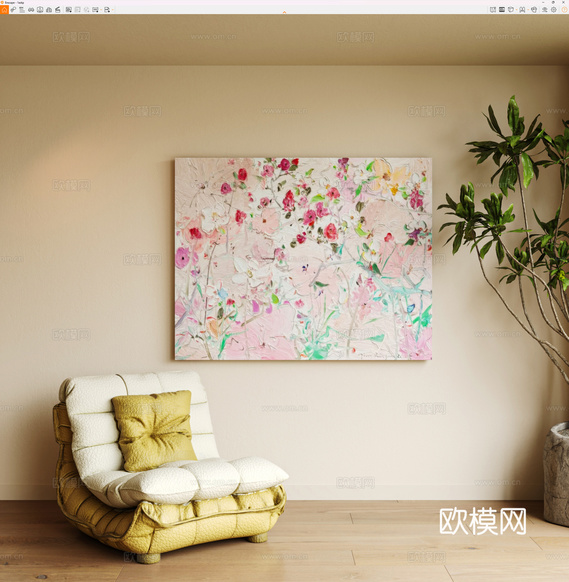 现代奶油挂画 现代装饰画挂画 意式装饰画 油画 艺术挂画 奶su模型下载(渲染图3)