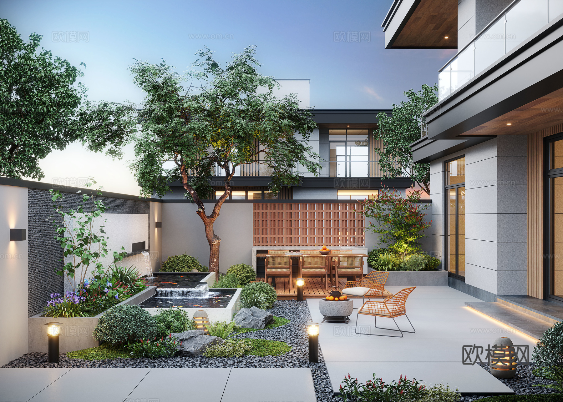 现代庭院景观 庭院花园 庭院小品 户外休闲椅 户外餐桌 庭院3d模型