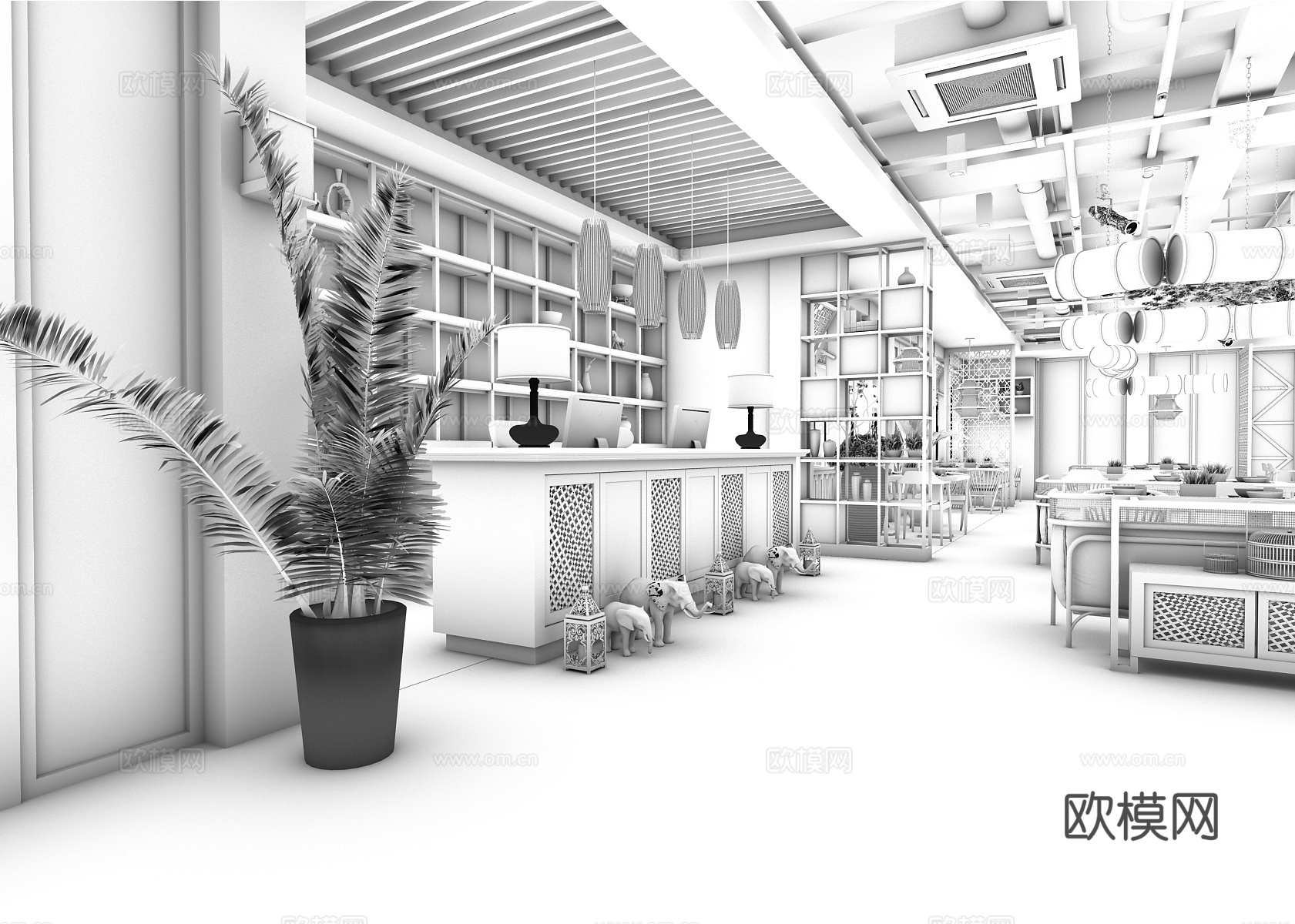 中式餐厅 饭店 餐桌 餐椅 吊灯3d模型
