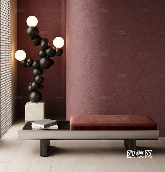 minotti 现代意式沙发凳 长凳 金属长凳 艺术落地灯su模型下载(渲染图1)