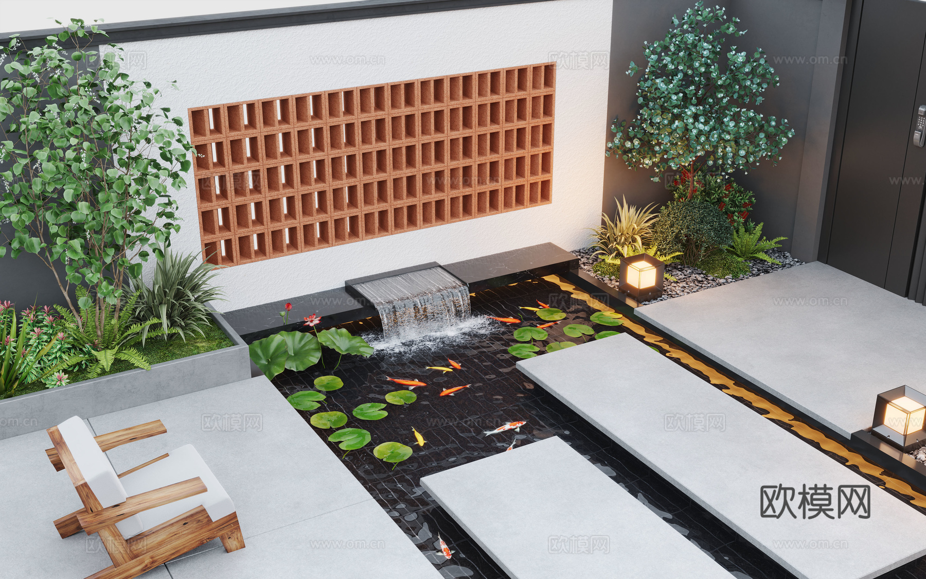 现代庭院景观 庭院花园 庭院水景3d模型