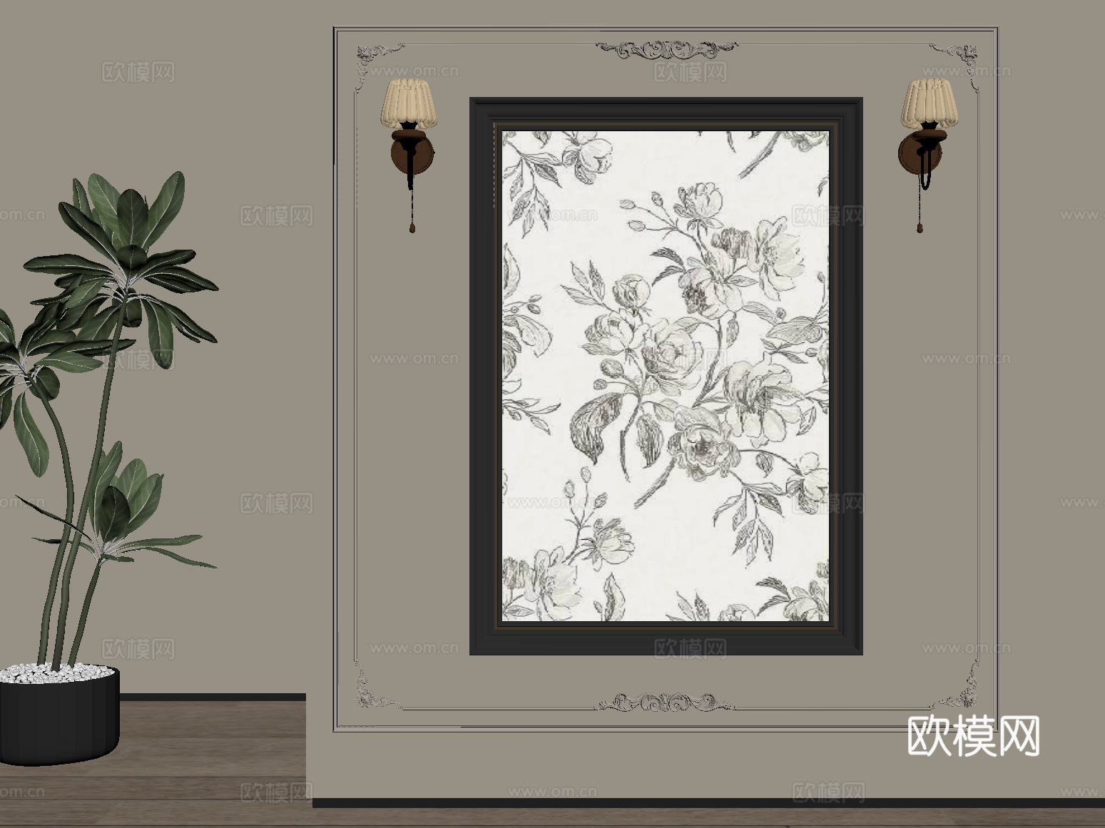 法式复古风挂画 装饰画 壁灯su模型