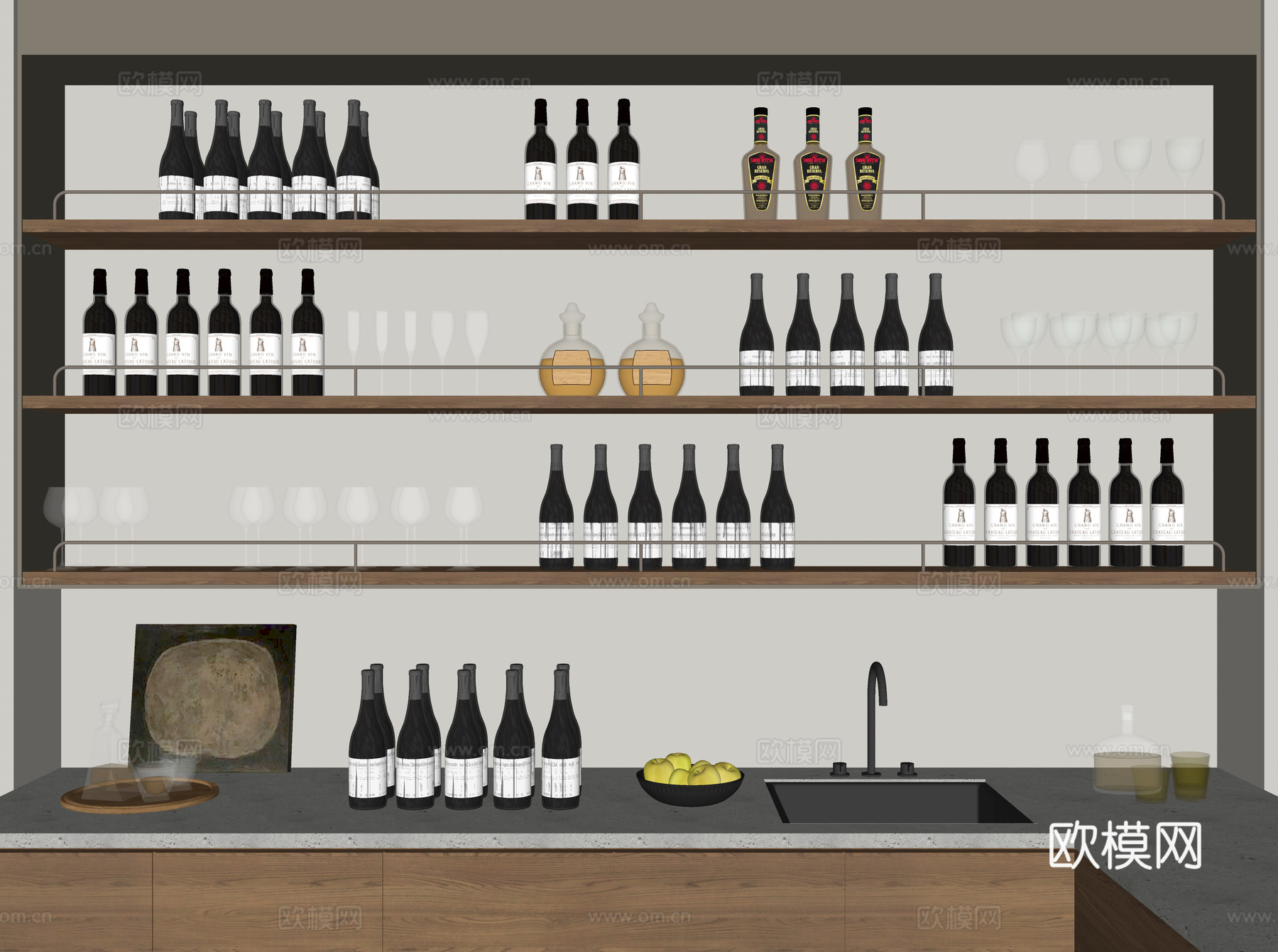 现代酒水架 红酒 酒杯 洗手盆 果盘su模型