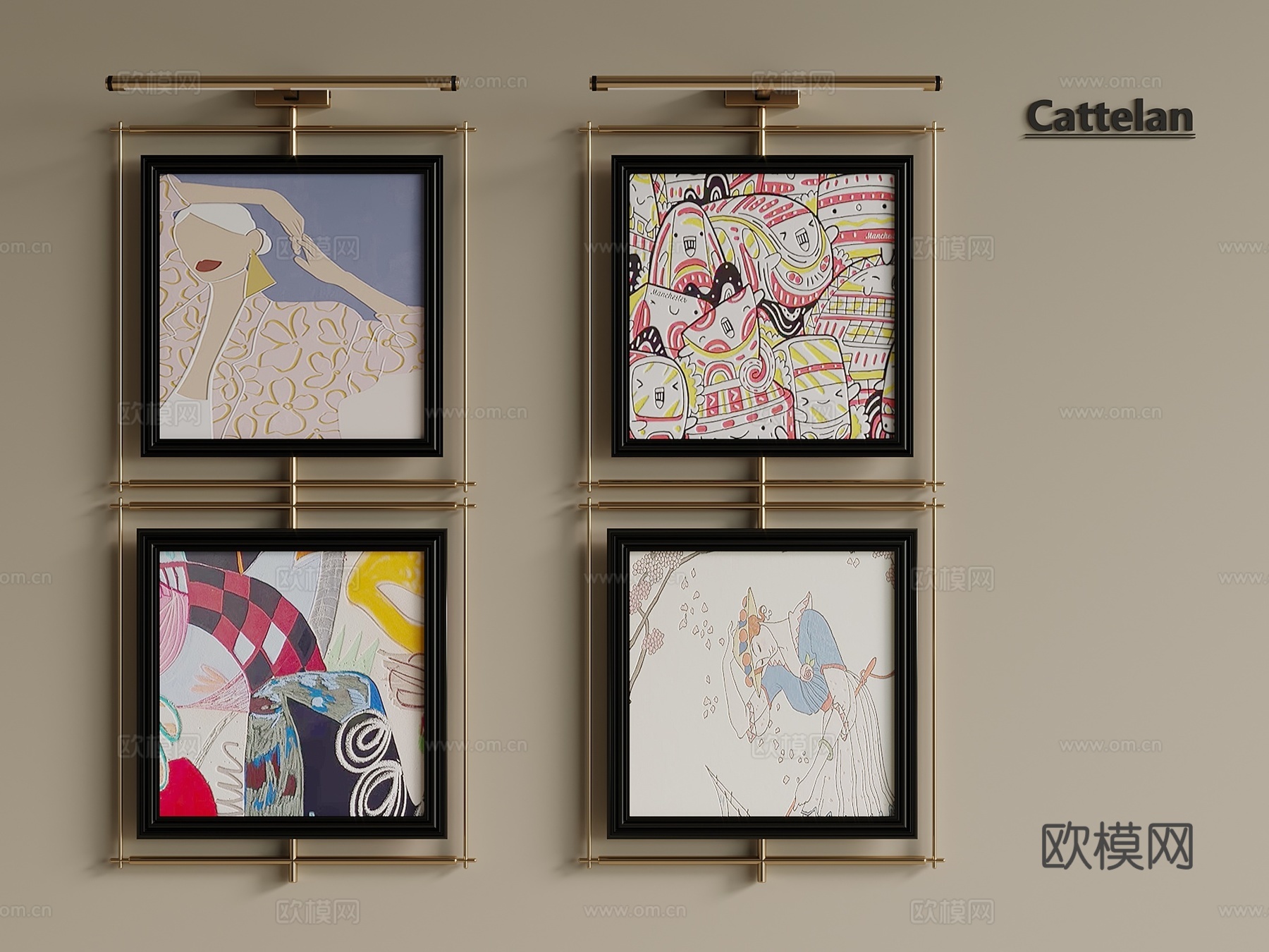 轻奢 意式 装饰画 组合 挂画 画框 抽象挂画 卧室挂su模型