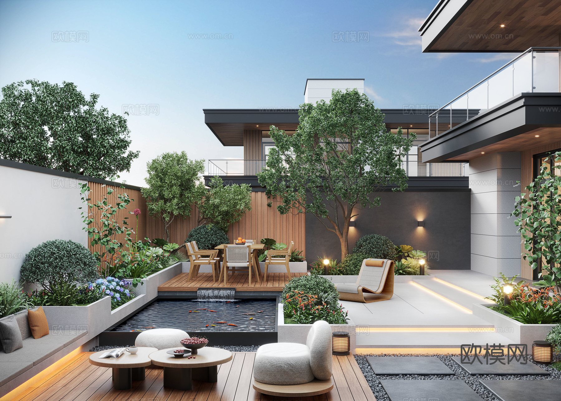 现代庭院景观 庭院花园 庭院小品 户外休闲椅 户外餐桌 庭院su模型