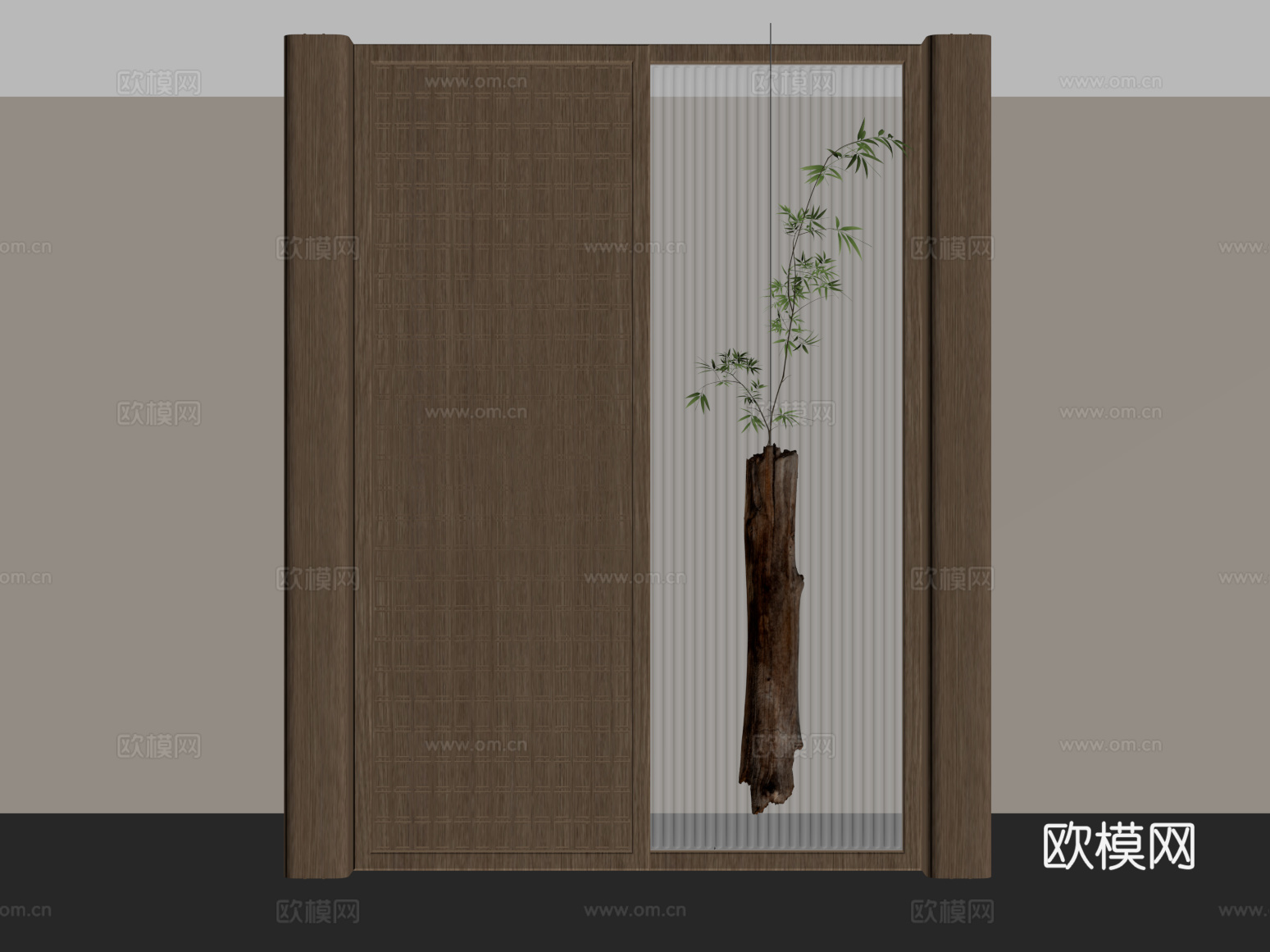 玄关 新中式玄关隔断 玄关背景墙 枯木绿植雕塑su模型