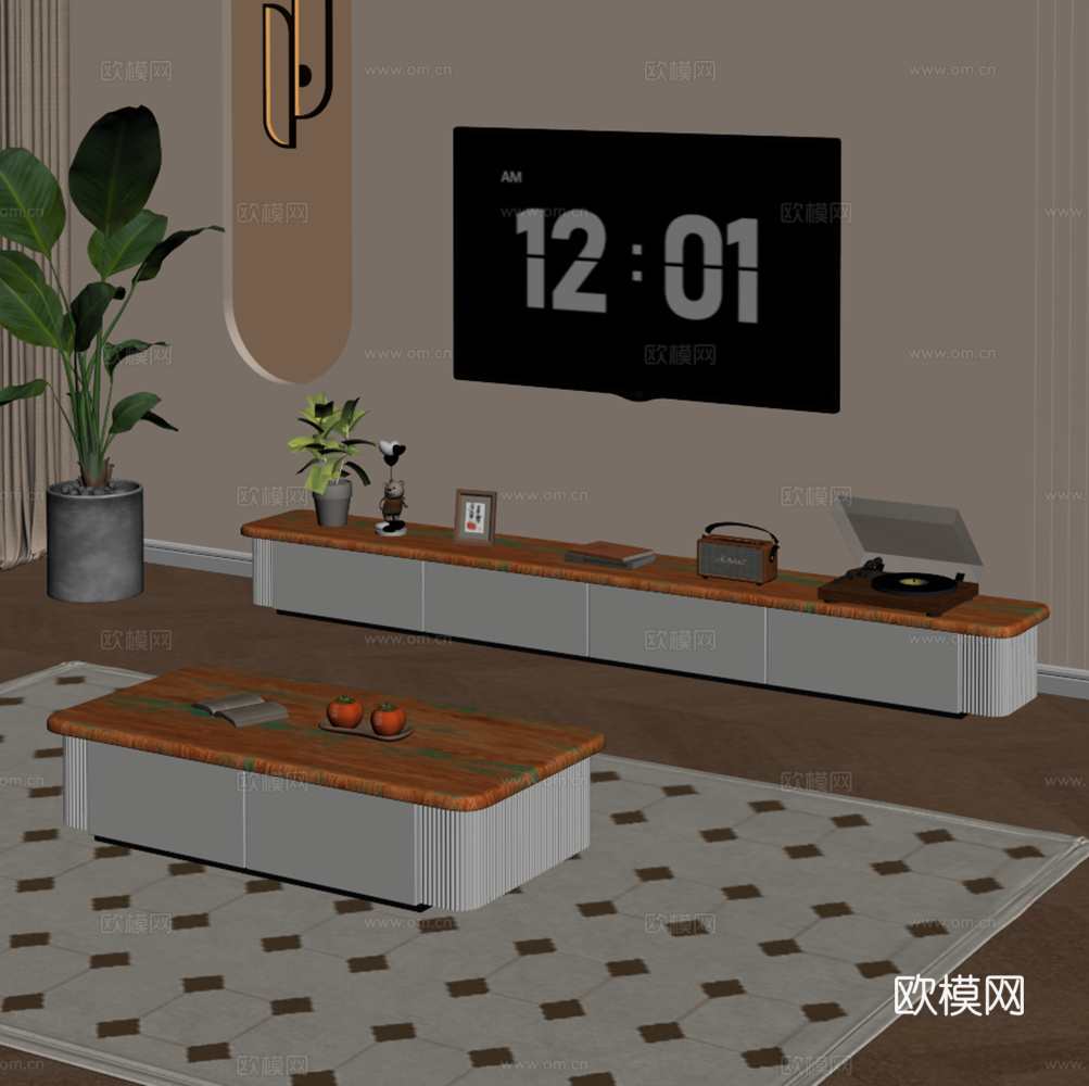 奶油风茶几电视柜 摆件组合 书籍 装饰画 电视su模型