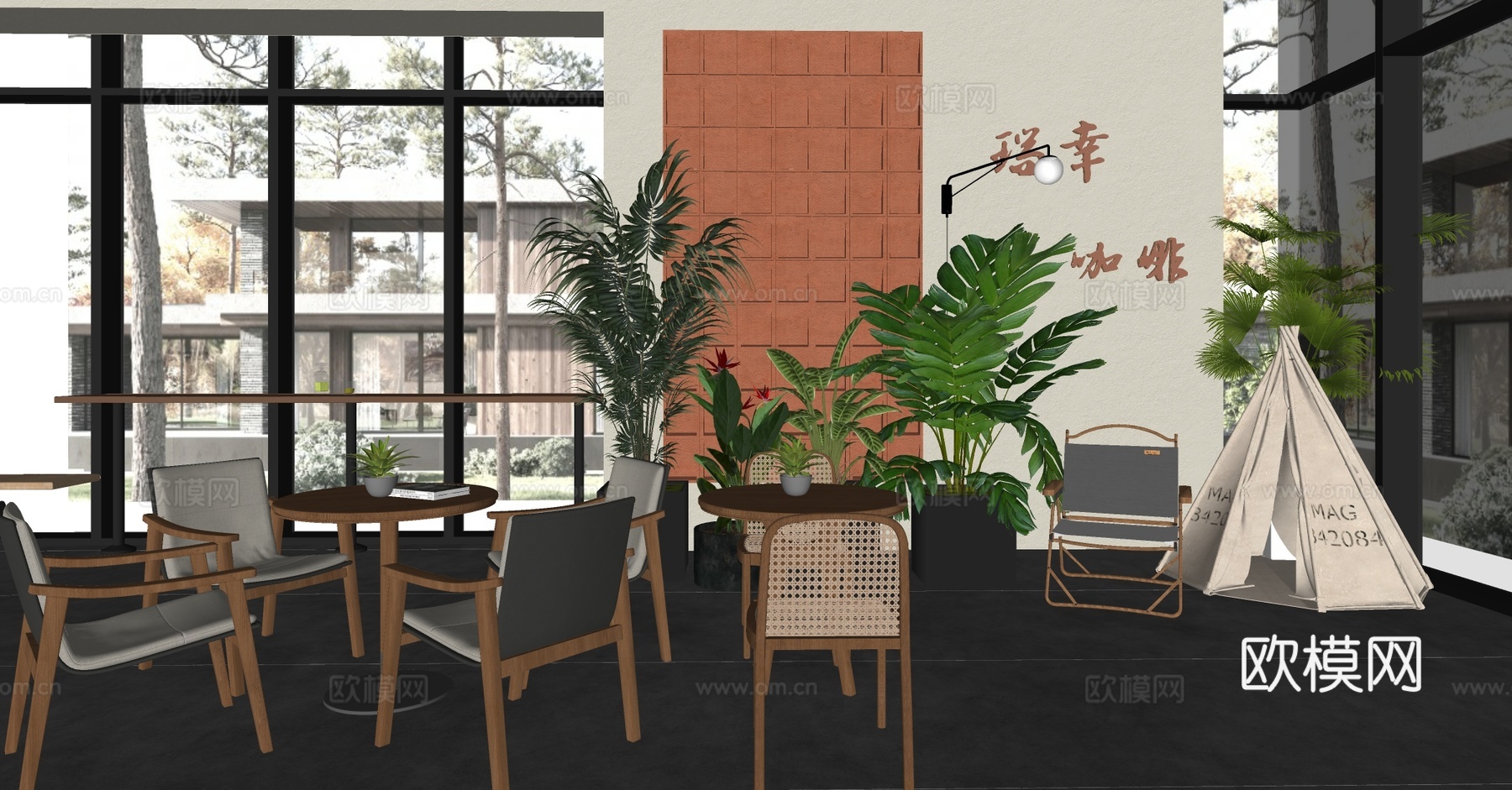 原木风咖啡厅 咖啡店景观小品 咖啡店餐桌椅 咖啡店休闲椅su模型