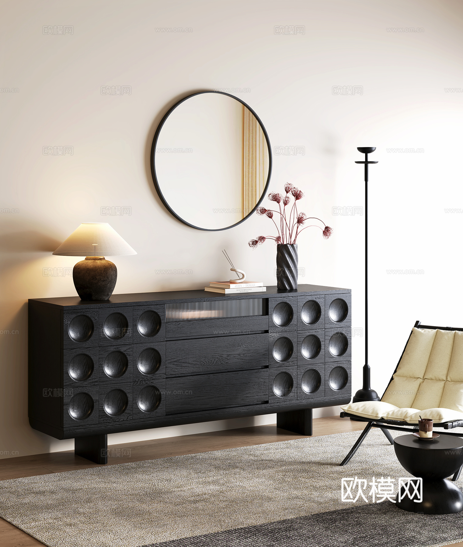 现代中古玄关柜 端景玄关柜 休闲椅 台灯 花卉 落地灯3d模型