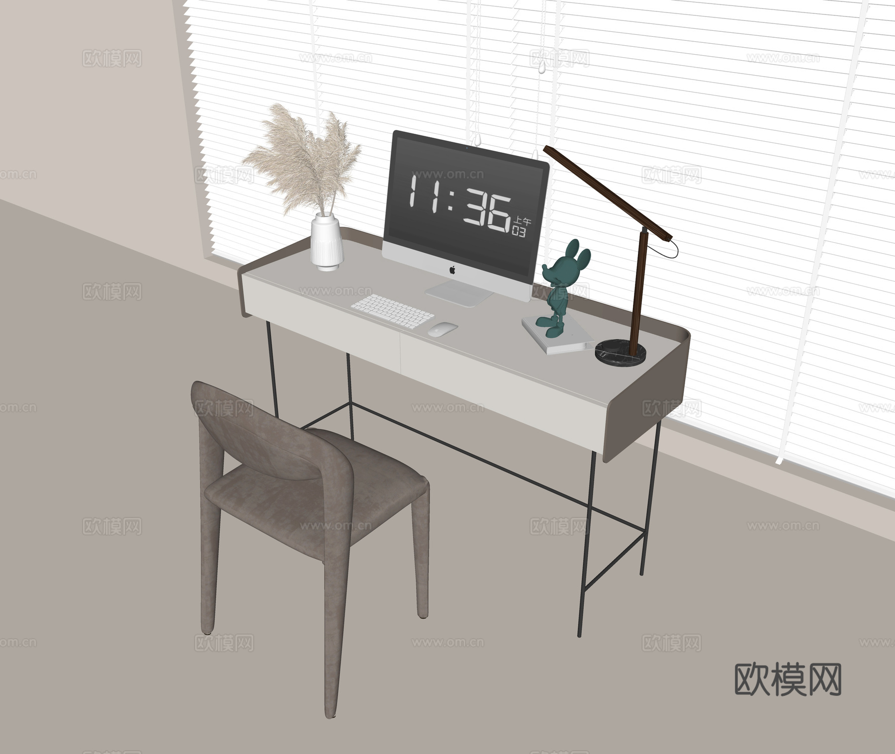 现代书桌椅组合 现代书桌 布艺单椅 台式电脑 键盘鼠标 简约su模型